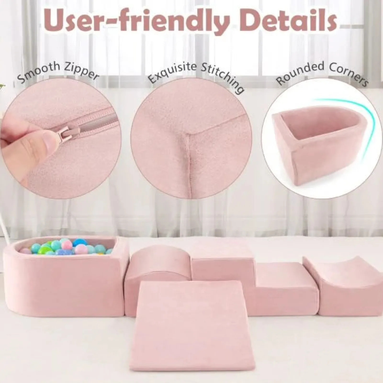 Little Helper Kids Climbing Frames & Activity Toys | Montessori Toys & Products | Large Soft Suede Montessori Soft Play Equipment | Ball Pit | Machine Washable | Dusty Pink