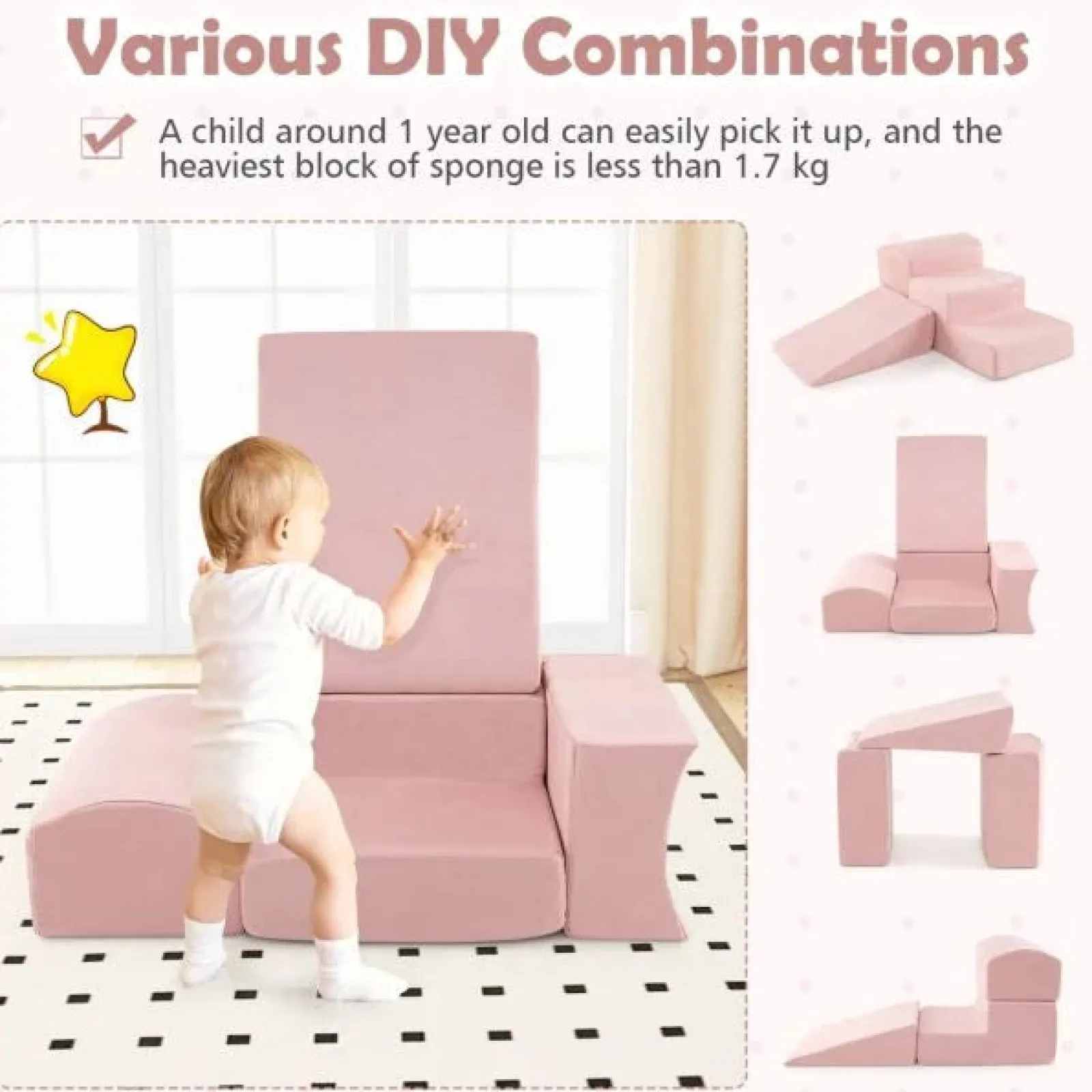 Little Helper Kids Climbing Frames & Activity Toys | Montessori Toys & Products | Large Soft Suede Montessori Soft Play Equipment | Ball Pit | Machine Washable | Dusty Pink