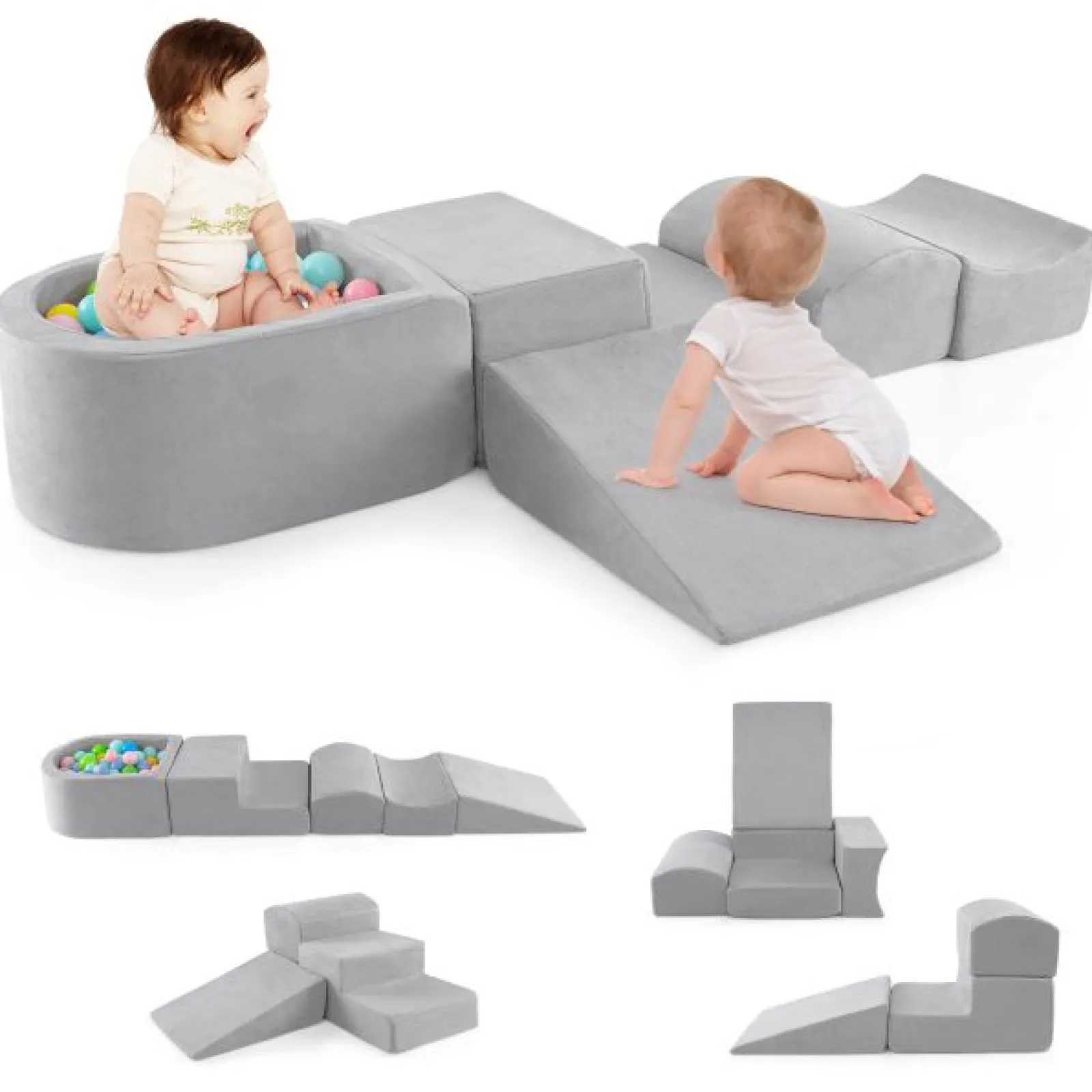 Little Helper Kids Climbing Frames & Activity Toys | Activity Toys | Large Soft Suede Montessori Soft Play Equipment | Ball Pool | Grey