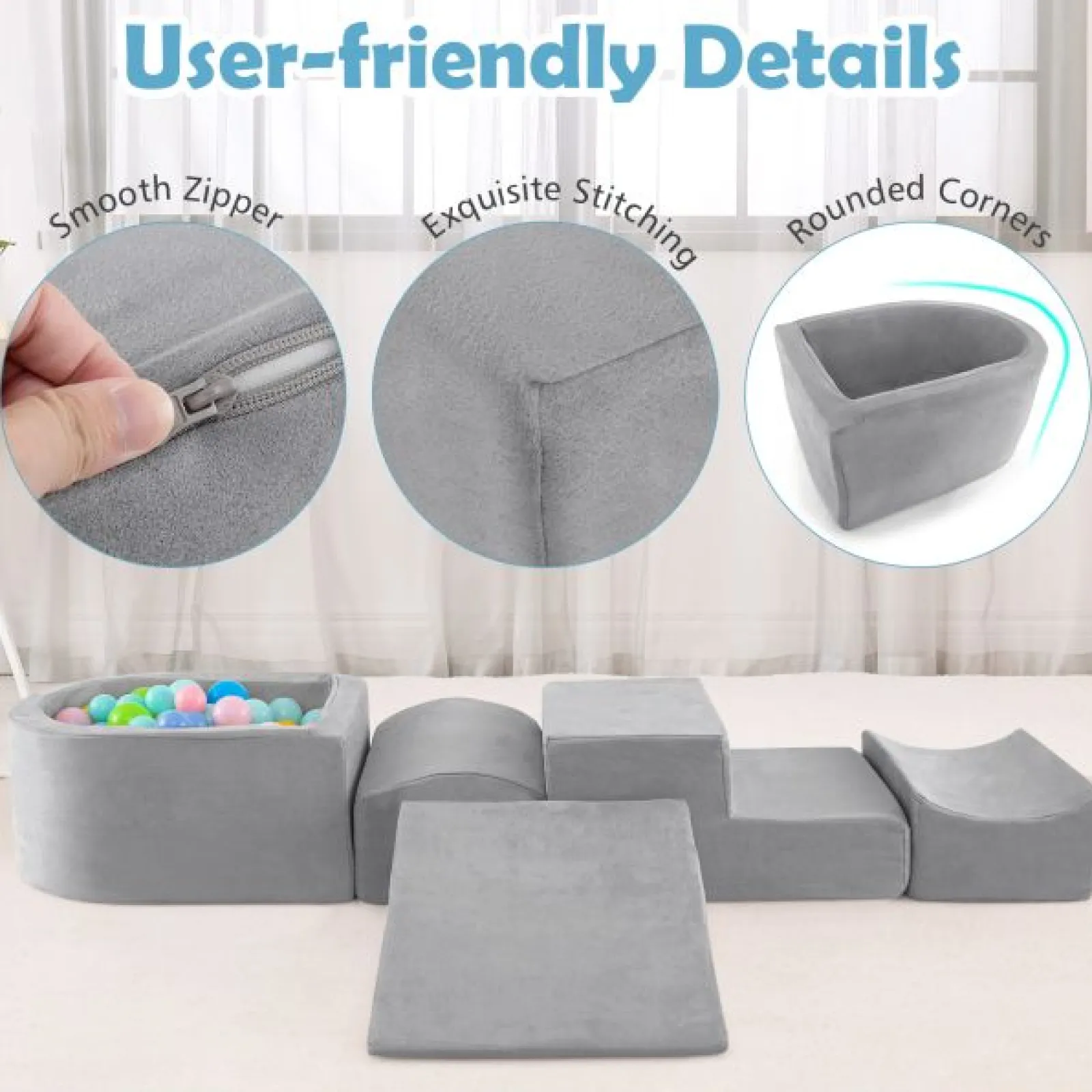 Little Helper Kids Climbing Frames & Activity Toys | Activity Toys | Large Soft Suede Montessori Soft Play Equipment | Ball Pool | Grey