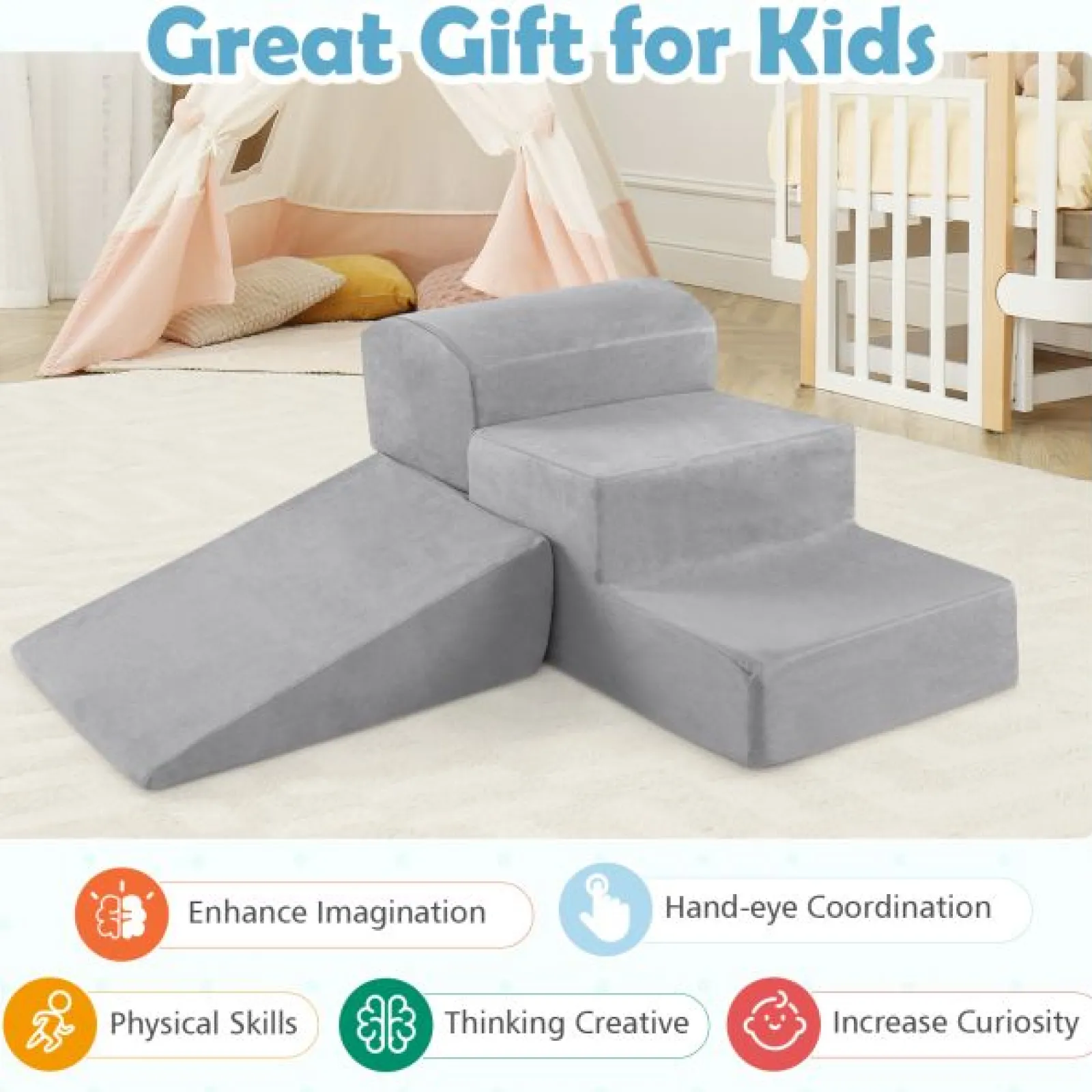 Little Helper Kids Climbing Frames & Activity Toys | Activity Toys | Large Soft Suede Montessori Soft Play Equipment | Ball Pool | Grey