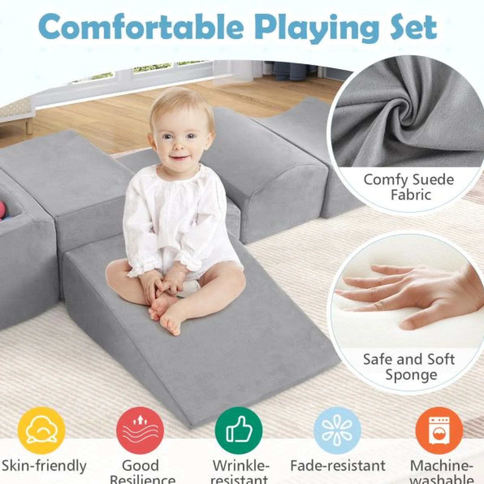 Little Helper Kids Climbing Frames & Activity Toys | Activity Toys | Large Soft Suede Montessori Soft Play Equipment | Ball Pool | Grey