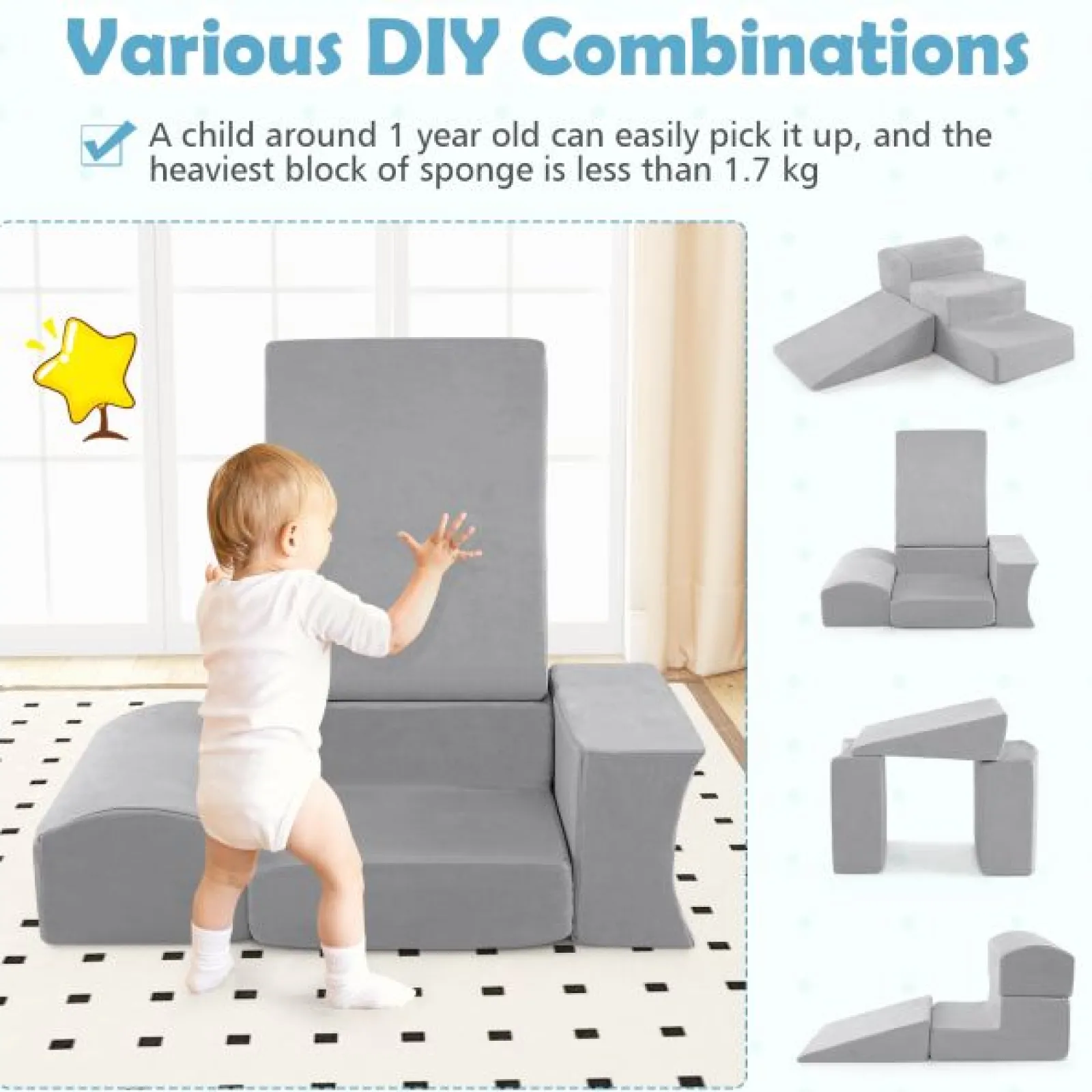 Little Helper Kids Climbing Frames & Activity Toys | Activity Toys | Large Soft Suede Montessori Soft Play Equipment | Ball Pool | Grey