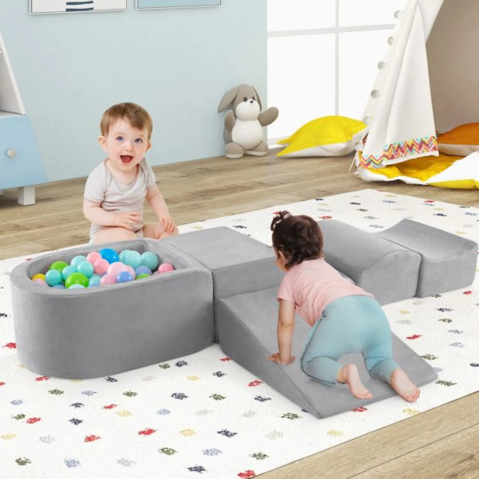 Little Helper Kids Climbing Frames & Activity Toys | Activity Toys | Large Soft Suede Montessori Soft Play Equipment | Ball Pool | Grey