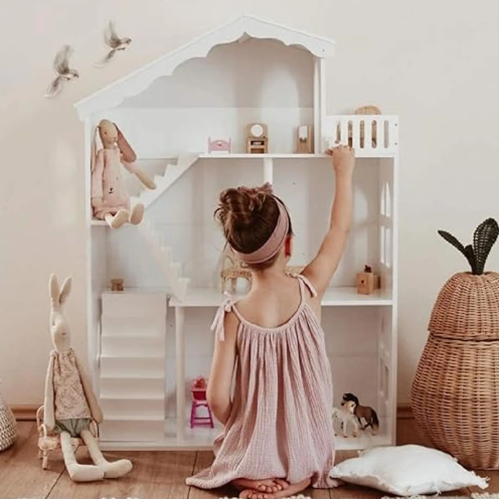 Little Helper Wooden Toys & Educational Toys | Montessori Toys & Products | Large White Wooden Montessori Dollhouse Bookcase | Toy Storage