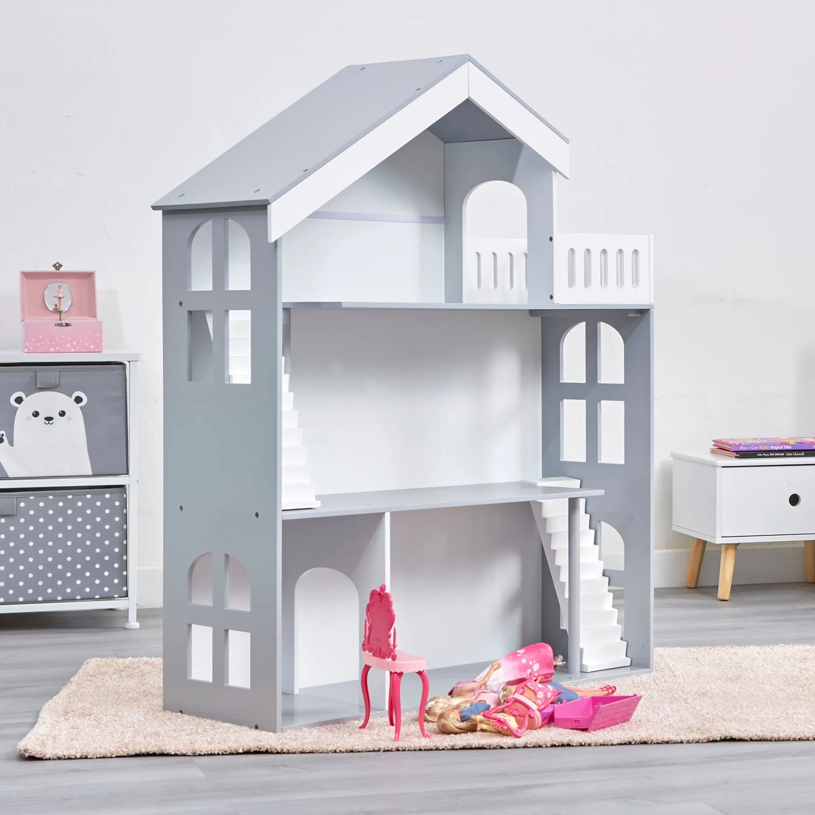 Little Helper Wooden Toys & Educational Toys | Montessori Toys & Products | Large Wooden Montessori Bookcase Dollhouse | Bookshelf | Toy Storage | White & Grey