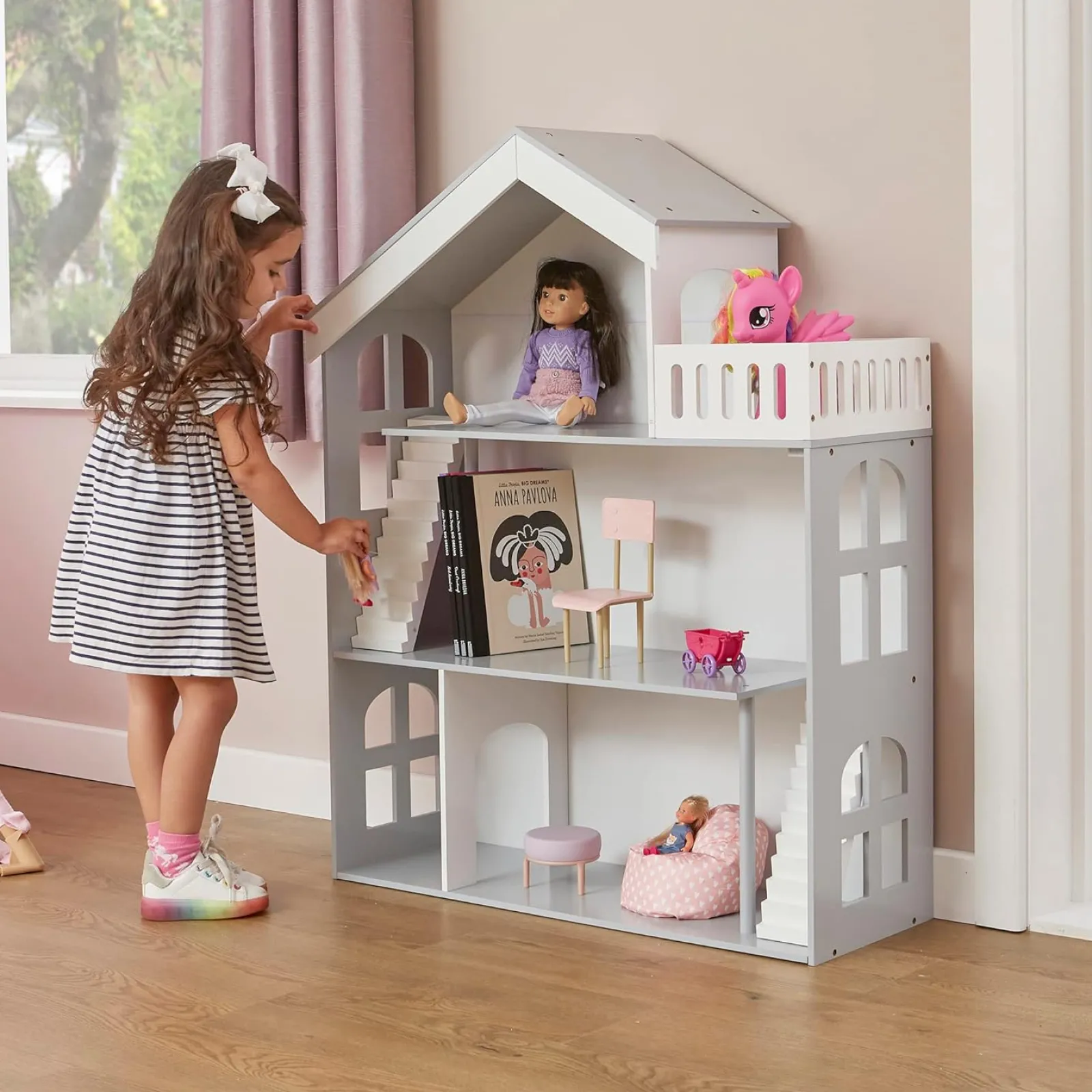Little Helper Wooden Toys & Educational Toys | Montessori Toys & Products | Large Wooden Montessori Bookcase Dollhouse | Bookshelf | Toy Storage | White & Grey