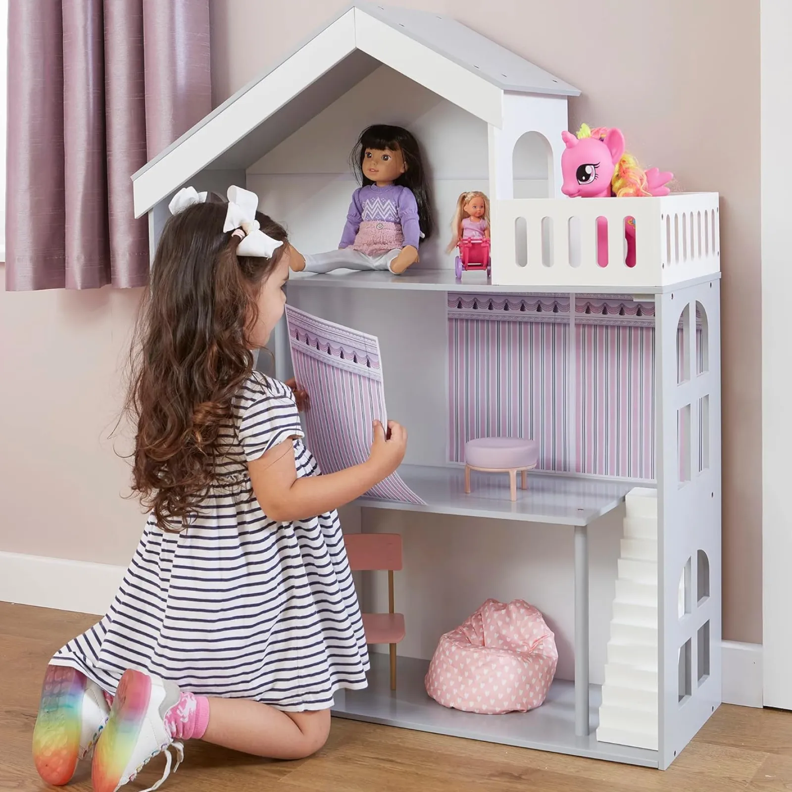 Little Helper Wooden Toys & Educational Toys | Montessori Toys & Products | Large Wooden Montessori Bookcase Dollhouse | Bookshelf | Toy Storage | White & Grey