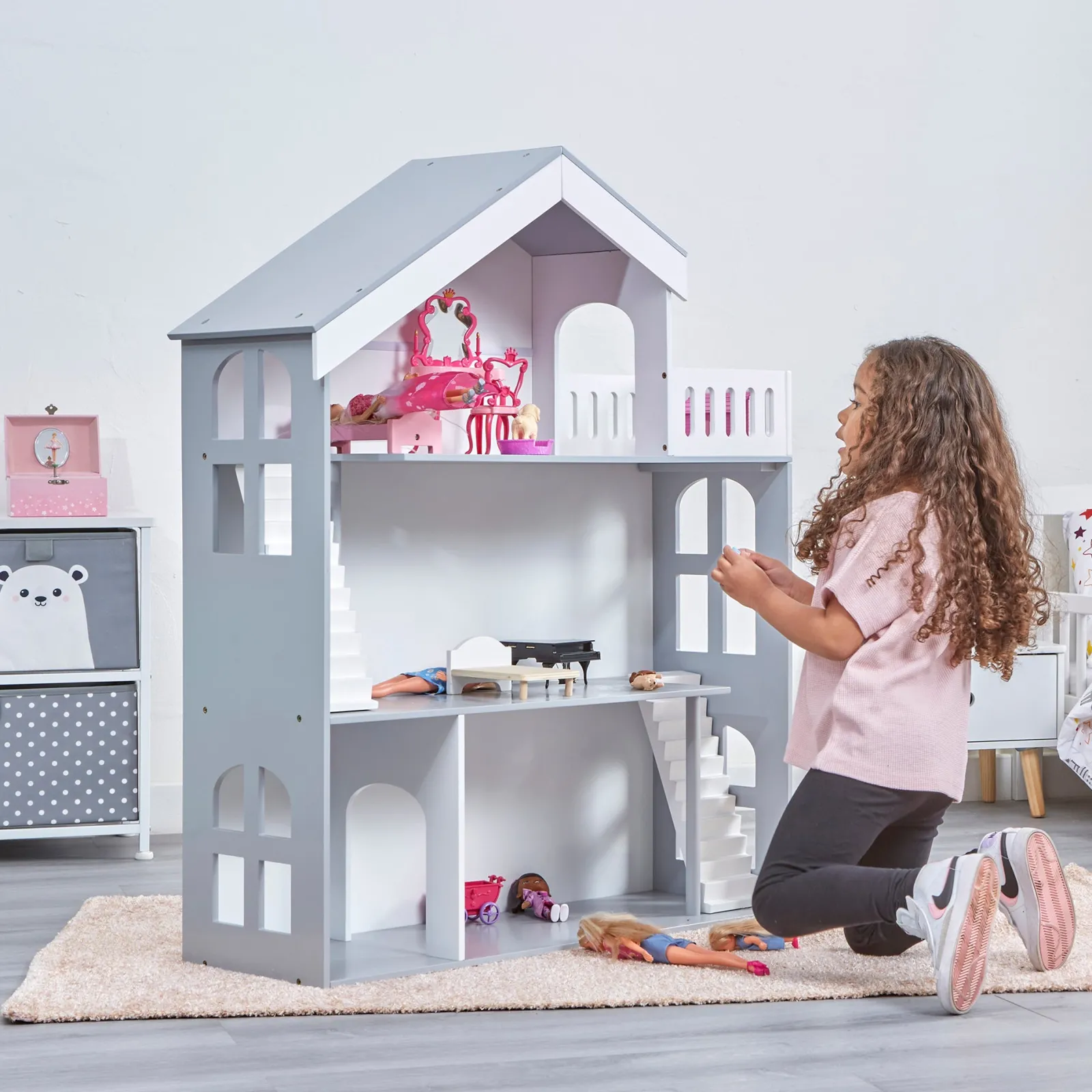 Little Helper Wooden Toys & Educational Toys | Montessori Toys & Products | Large Wooden Montessori Bookcase Dollhouse | Bookshelf | Toy Storage | White & Grey