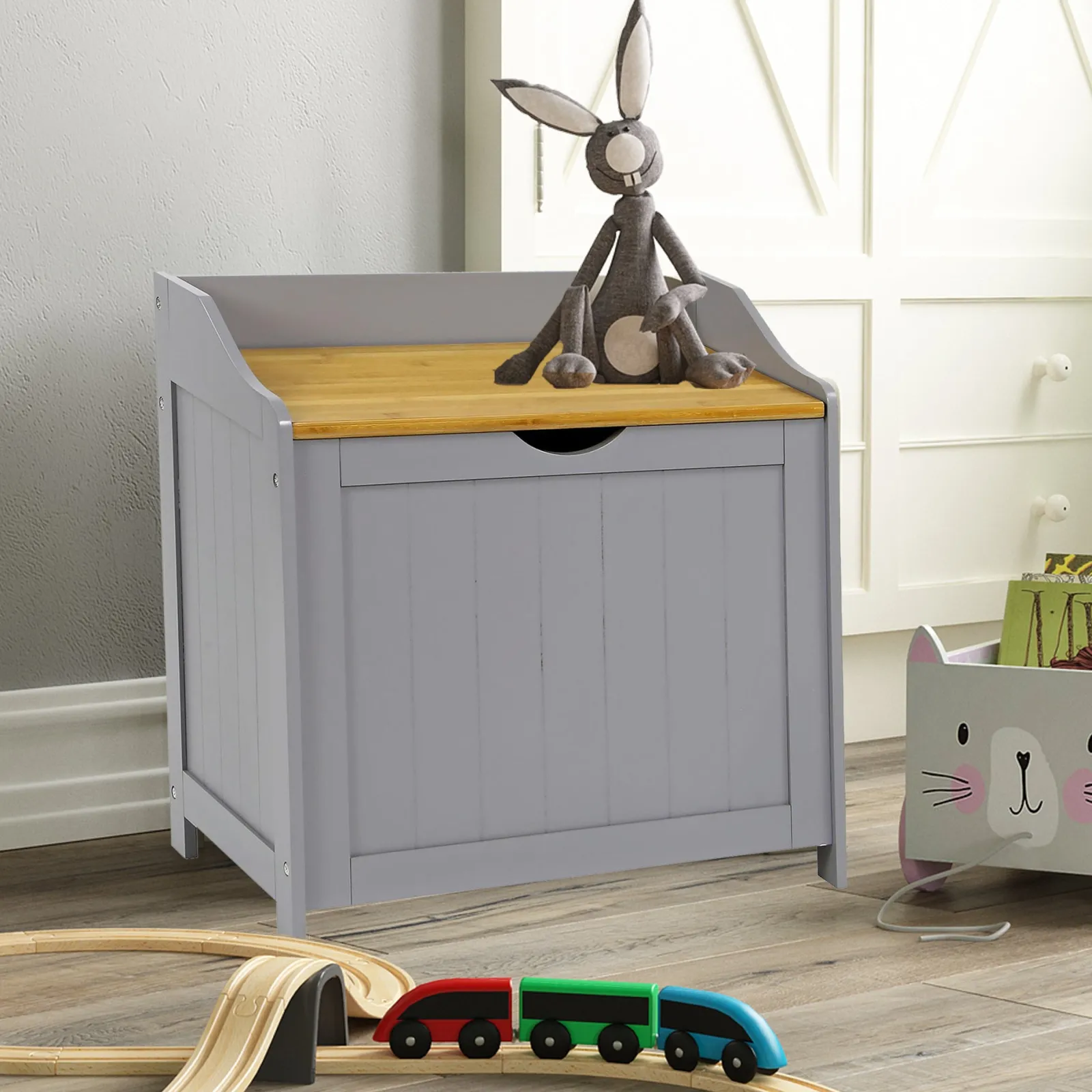 Little Helper Toy Storage Units | Toy Storage Units | Large Wooden Toy Box & Bench with Slow Release Hinge | Ottoman | Blanket Box | Grey with Natural Bamboo Lid