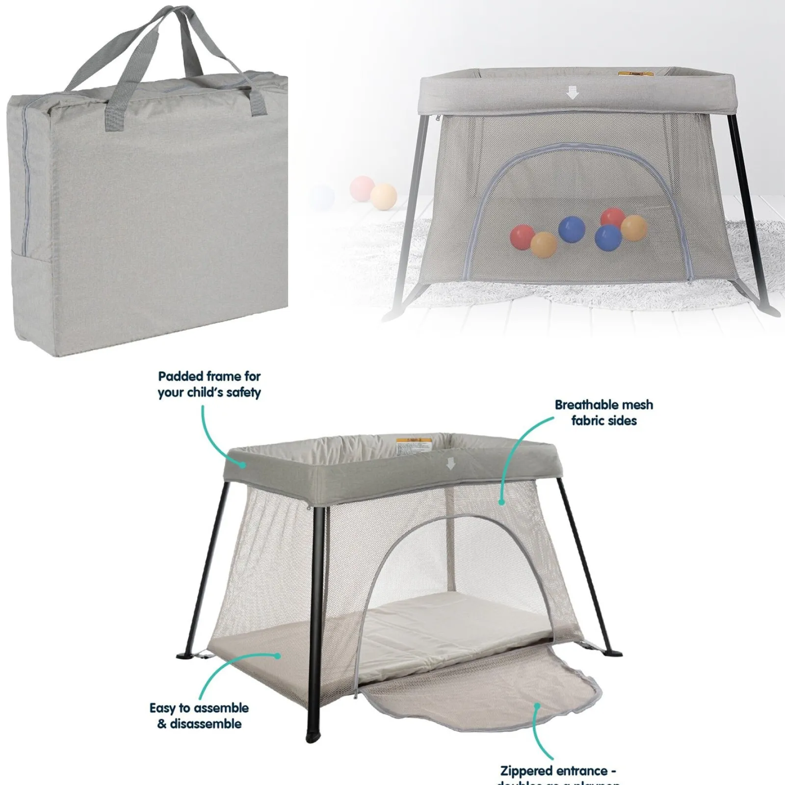 Little Helper Baby Playpens | Travel Cots & Travel Beds | Lightweight Folding Playpen & Travel Cot with Mattress & Carry Bag | Light Grey