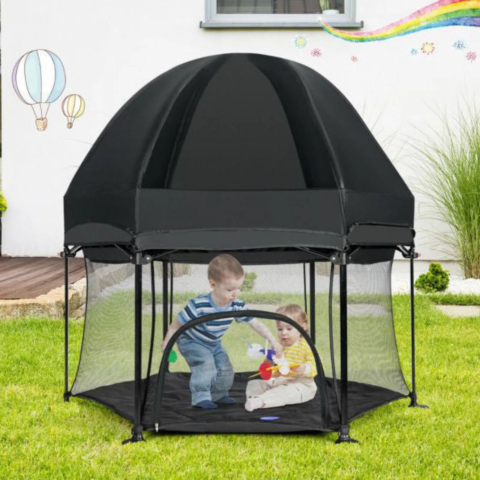 Little Helper Baby Playpens | Travel Cots & Travel Beds | Lightweight Quick Assemble Pop-up Playpen with UV canopy and Mattress | Black or Light Grey | 0m - 36m