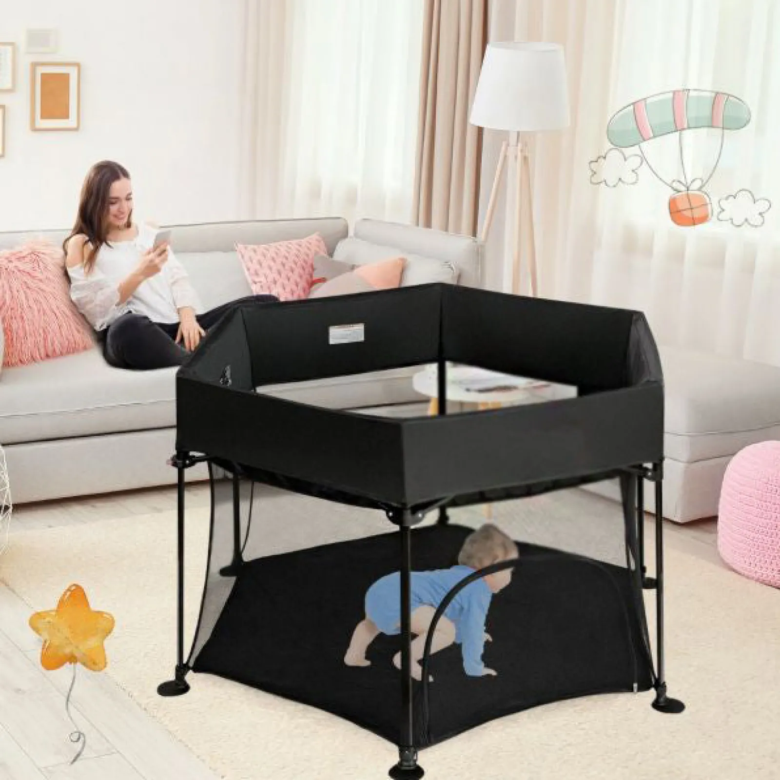 Little Helper Baby Playpens | Travel Cots & Travel Beds | Lightweight Quick Assemble Pop-up Playpen with UV canopy and Mattress | Black or Light Grey | 0m - 36m
