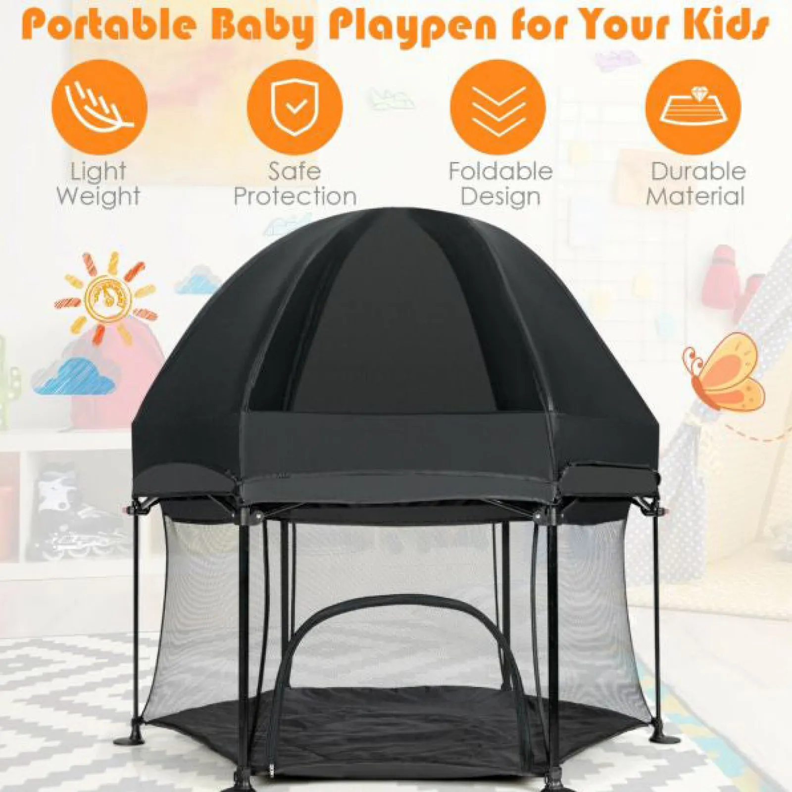 Little Helper Baby Playpens | Travel Cots & Travel Beds | Lightweight Quick Assemble Pop-up Playpen with UV canopy and Mattress | Black or Light Grey | 0m - 36m