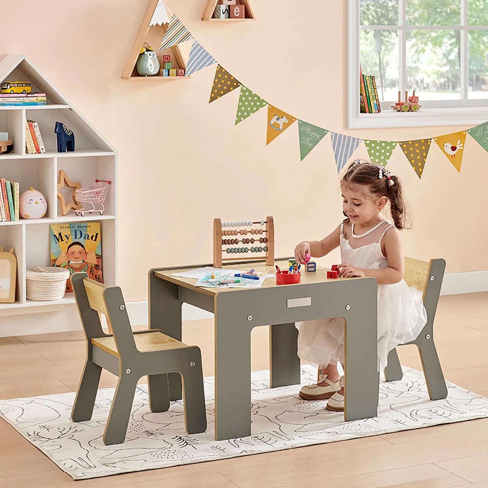 Little Helper Montessori Toys & Products | Table & Chairs (wooden) | Montessori Wood FunStation Duo Childrens Table & Chairs Set for 2 | Grey