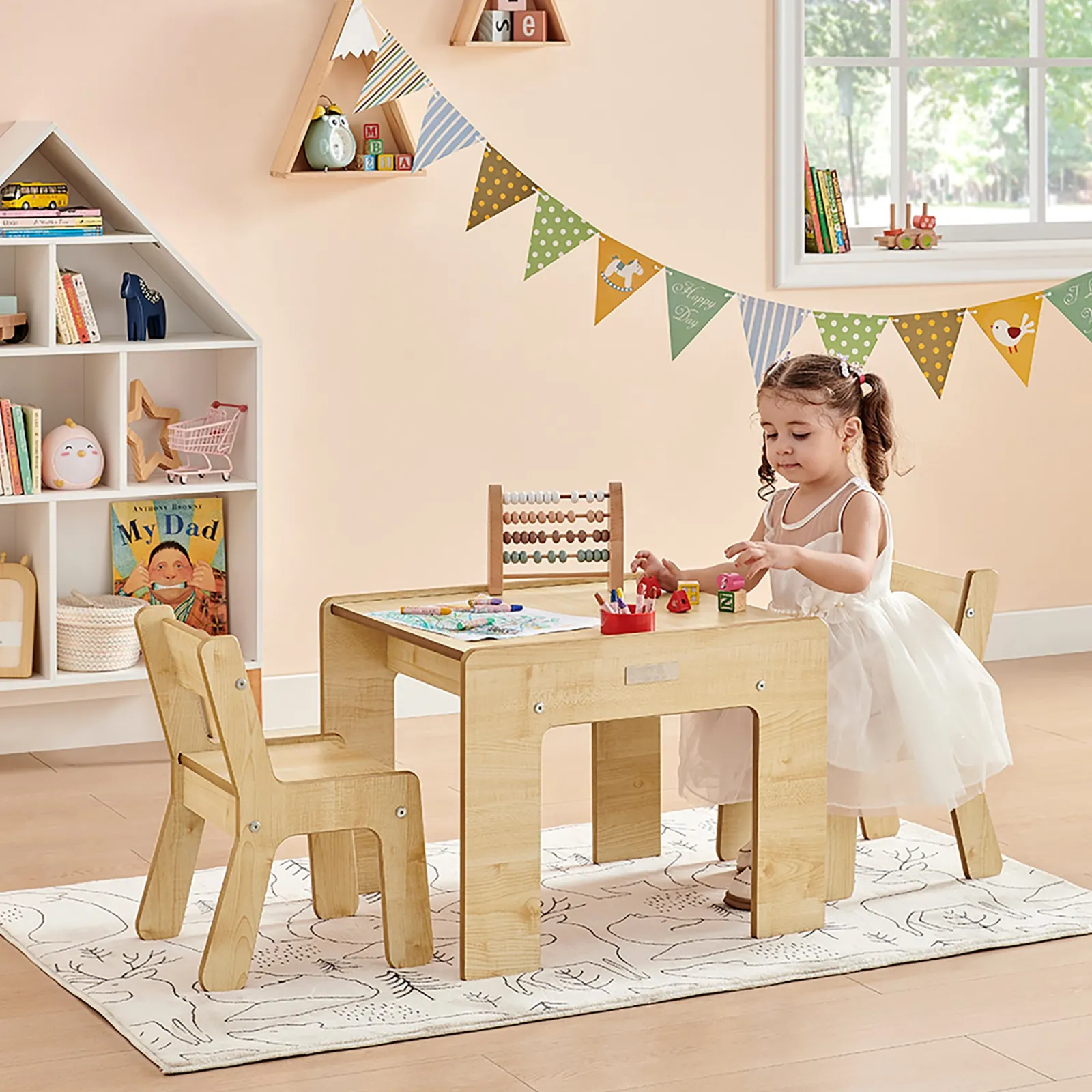 Little Helper Montessori Toys & Products | Table & Chairs (wooden) | Montessori Wood FunStation Duo Childrens Table & Chairs Set for 2 | Natural