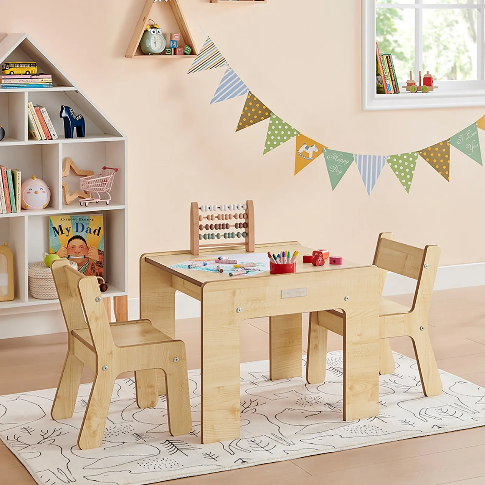 Little Helper Montessori Toys & Products | Table & Chairs (wooden) | Montessori Wood FunStation Duo Childrens Table & Chairs Set for 2 | Natural