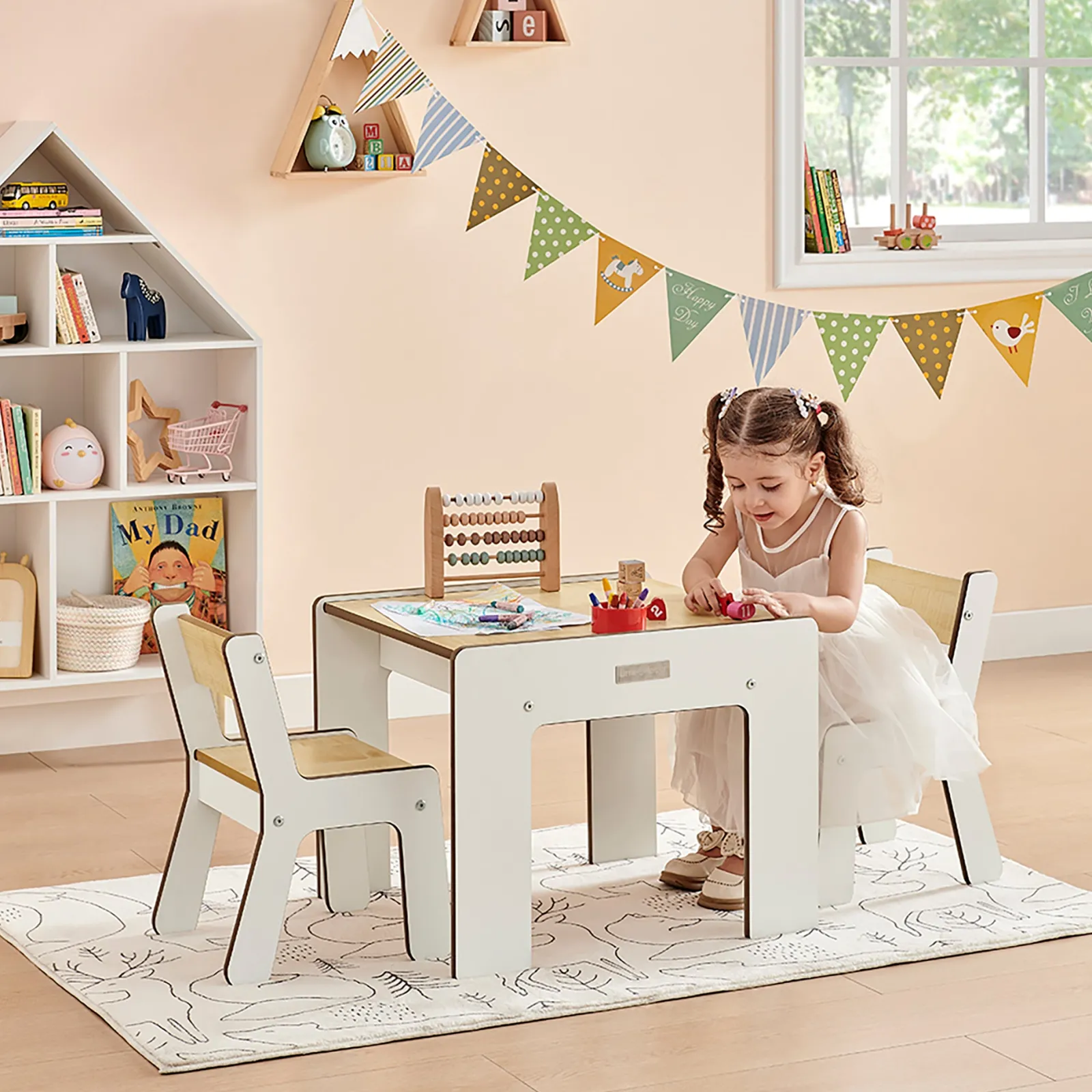 Little Helper Montessori Toys & Products | Table & Chairs (wooden) | Montessori Wood FunStation Duo Childrens Table & Chairs Set for 2 | White/Natural