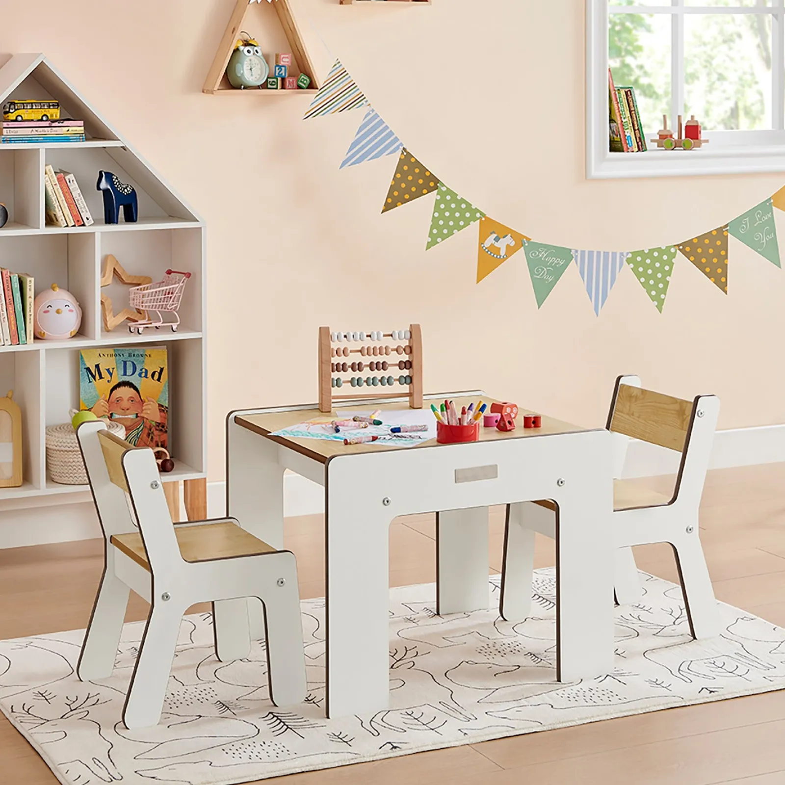 Little Helper Montessori Toys & Products | Table & Chairs (wooden) | Montessori Wood FunStation Duo Childrens Table & Chairs Set for 2 | White/Natural