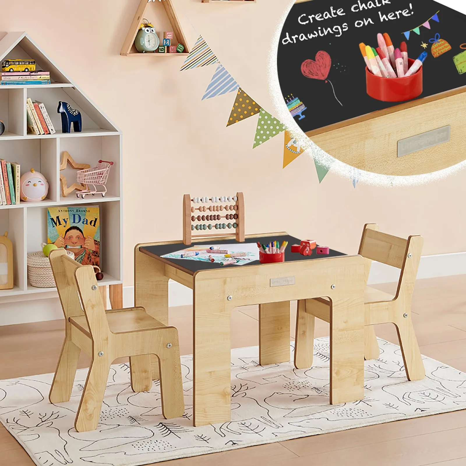 Little Helper Montessori Toys & Products | Table & Chairs (wooden) | Montessori Wood FunStation Duo Kids Table & Chairs Set for 2 | Chalky