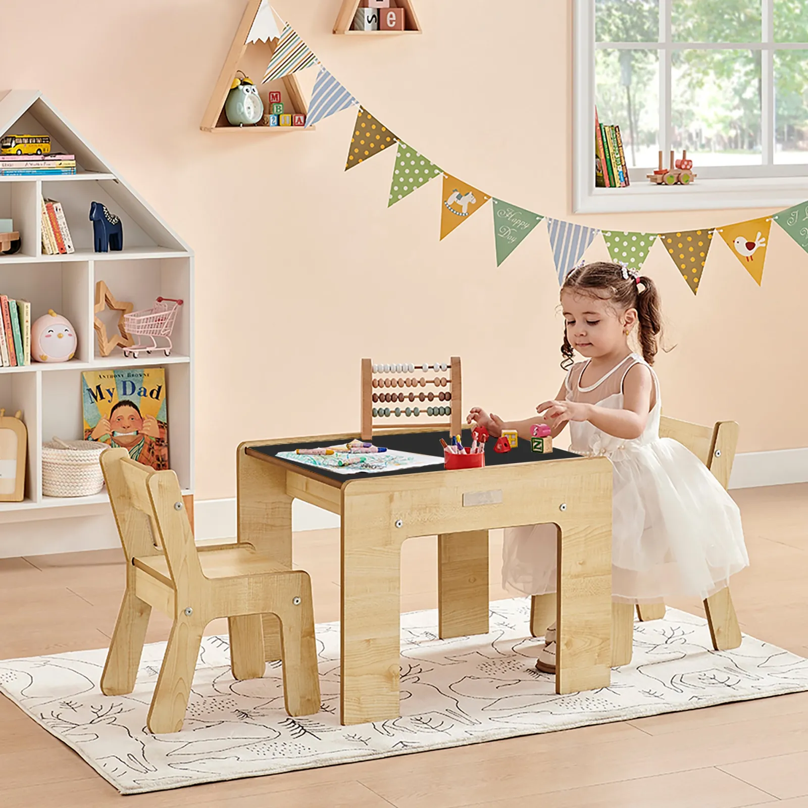 Little Helper Montessori Toys & Products | Table & Chairs (wooden) | Montessori Wood FunStation Duo Kids Table & Chairs Set for 2 | Chalky