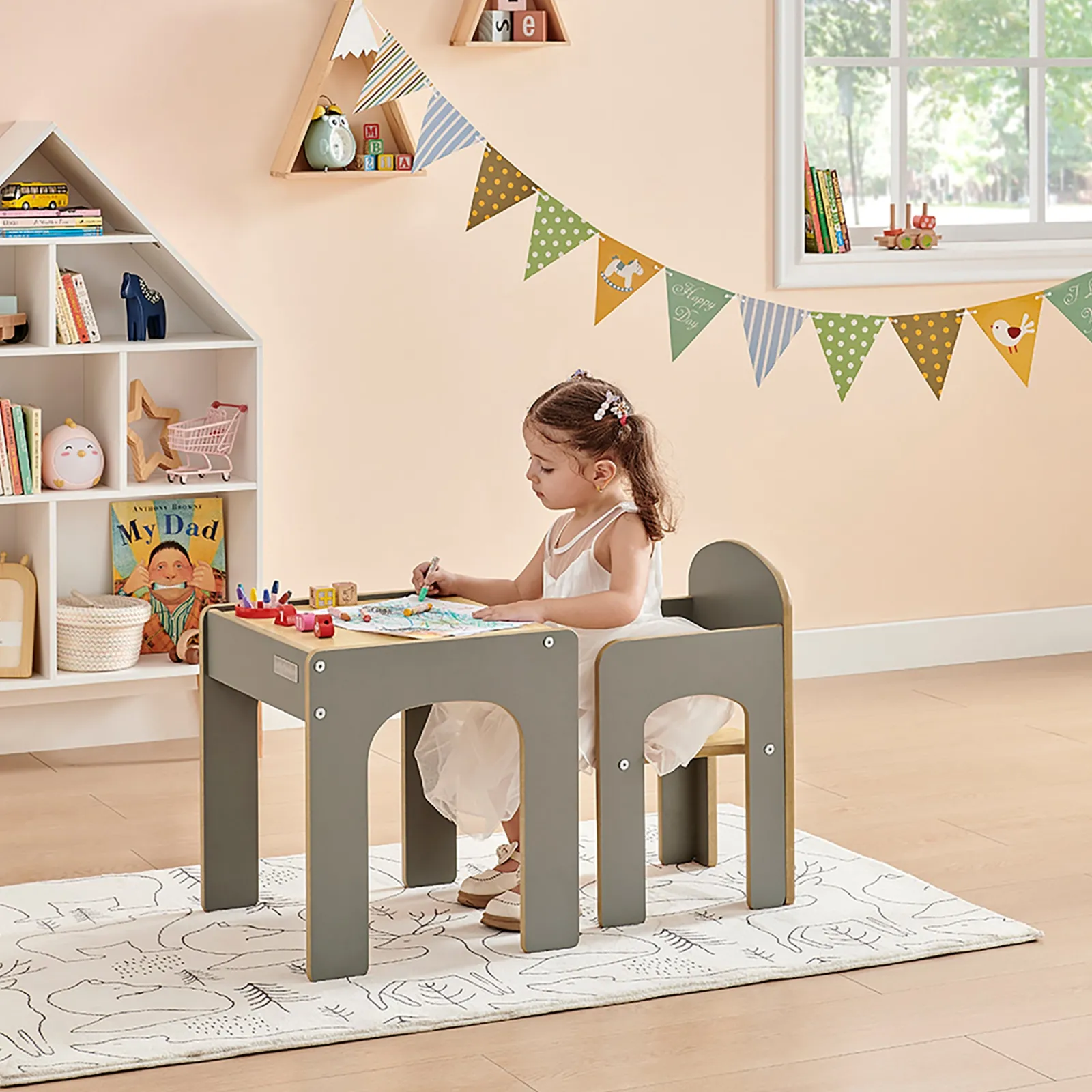 Little Helper Table & Chairs (wooden) | Wooden Toddler Table and Chair for Arts, Crafts & Mealtimes | Grey/Natural