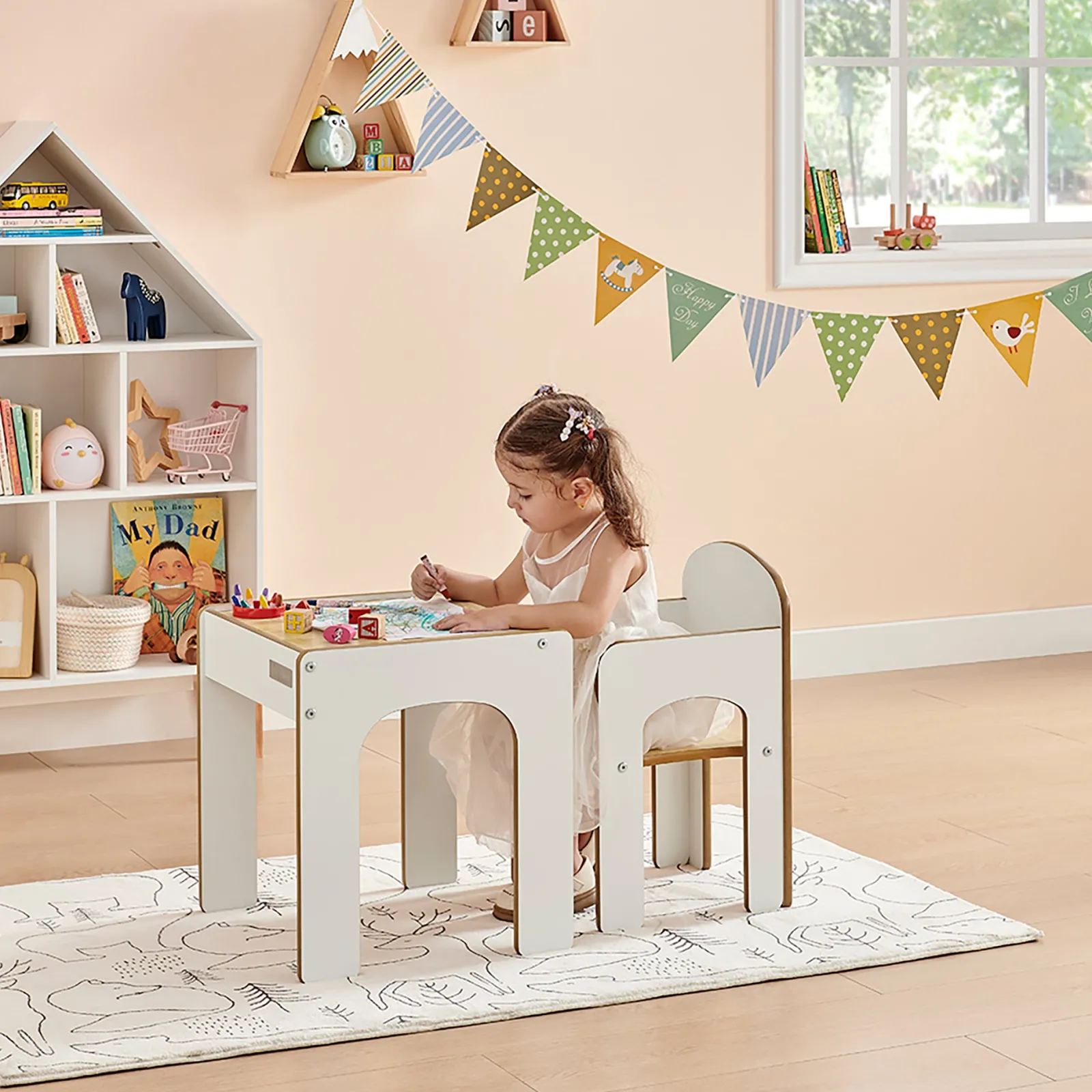 Little Helper Table & Chairs (wooden) | Wooden Toddler Table and Chair for Arts, Crafts & Mealtimes | White