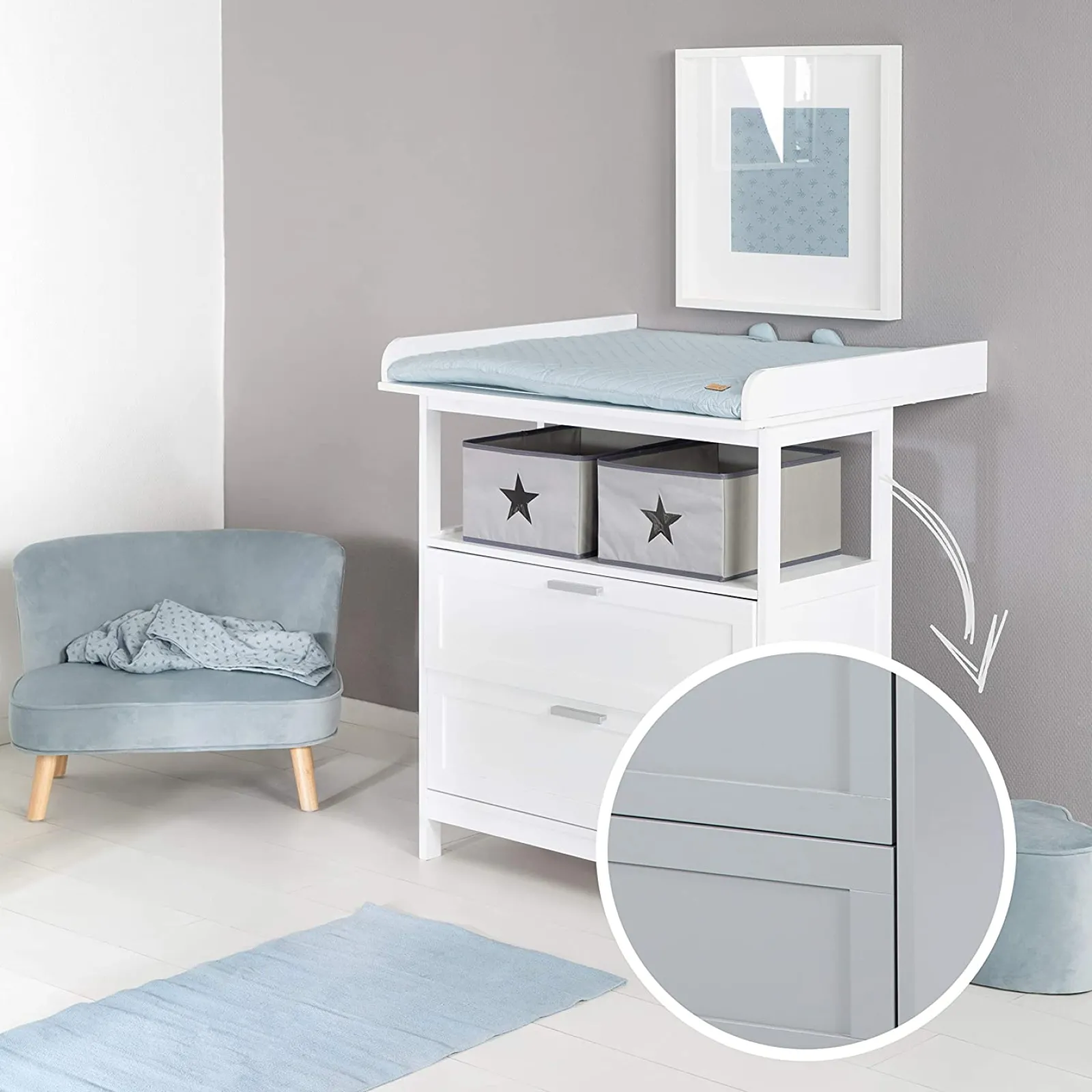 Little Helper Changing Units & Changing Tables & Dressers | Little Star Baby Changing Unit | Fabric Storage Boxes & 2 Drawers | Warm Grey