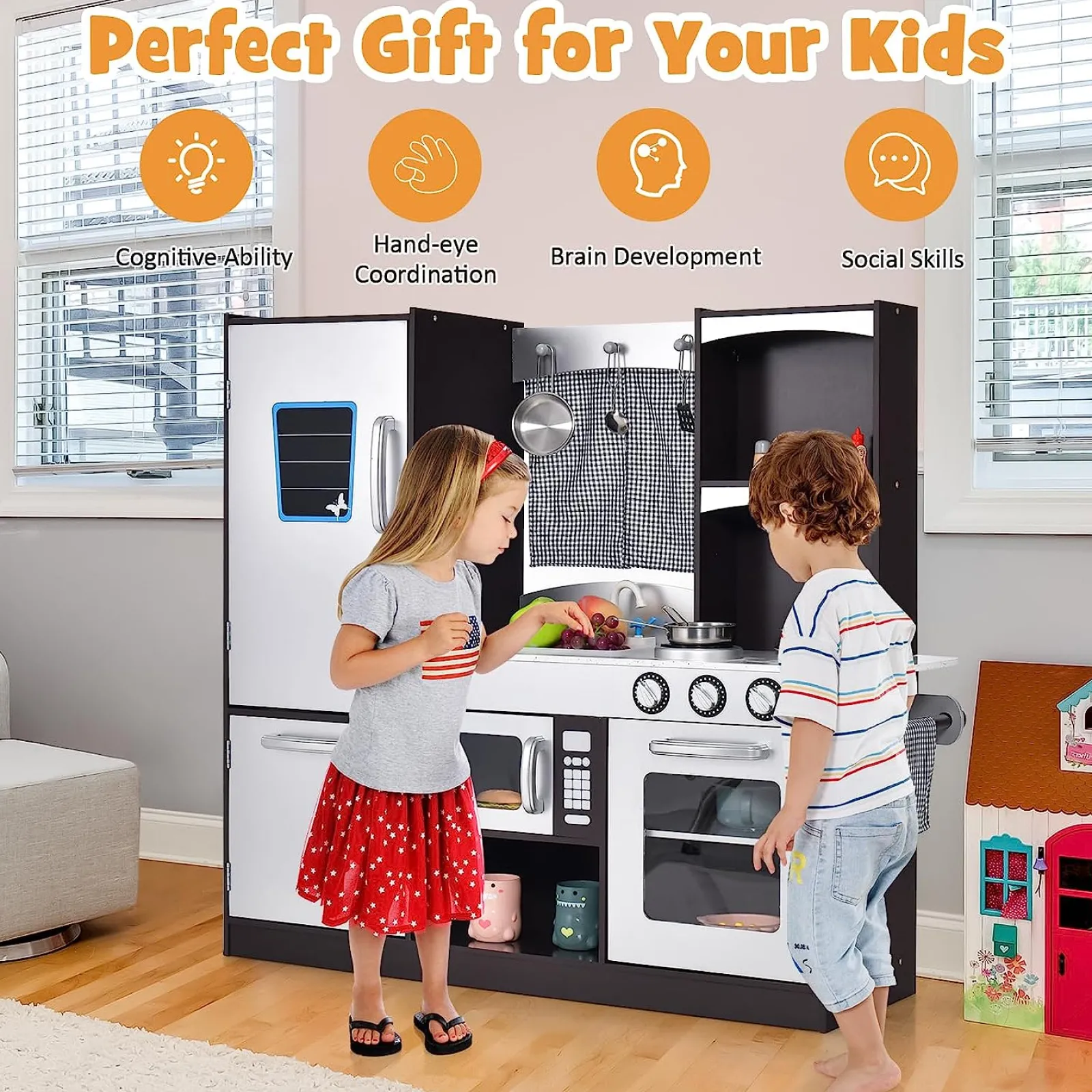 Little Helper Toy Kitchens | Role Play Toys & Pretend Play | Luxury Montessori Inspired Toy Kitchen | Blackboard | Microwave | Realistic Sounds & Accessories