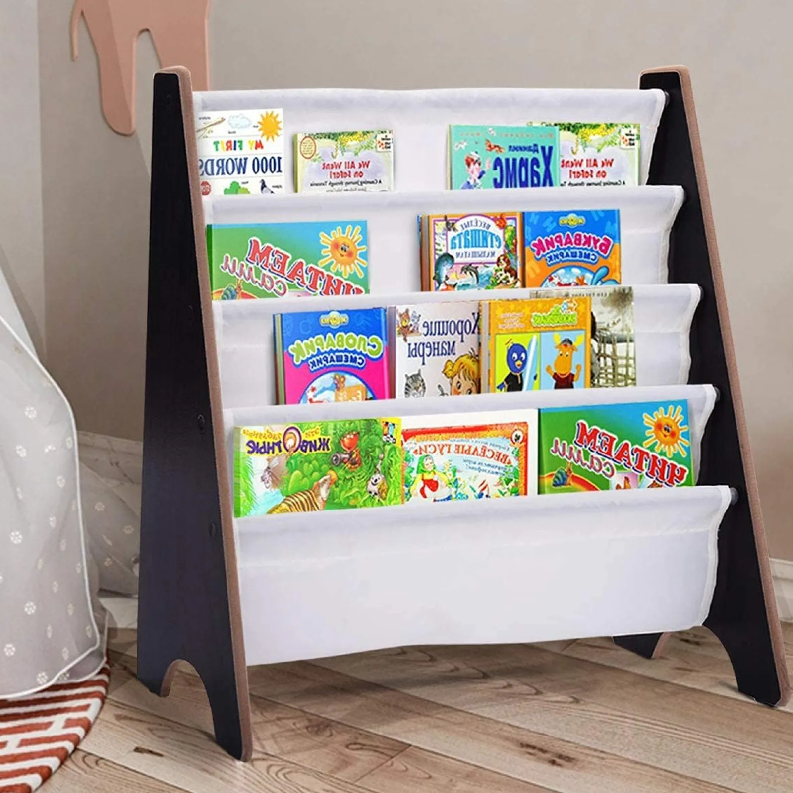 Little Helper Bookcases & Kids Bookshelves | Kids Bookcases & Kids Bookshelves | Montessori 4 Tier Sling BookCase | Childrens Bookcase | Kids Bookshelf | 2 Colours