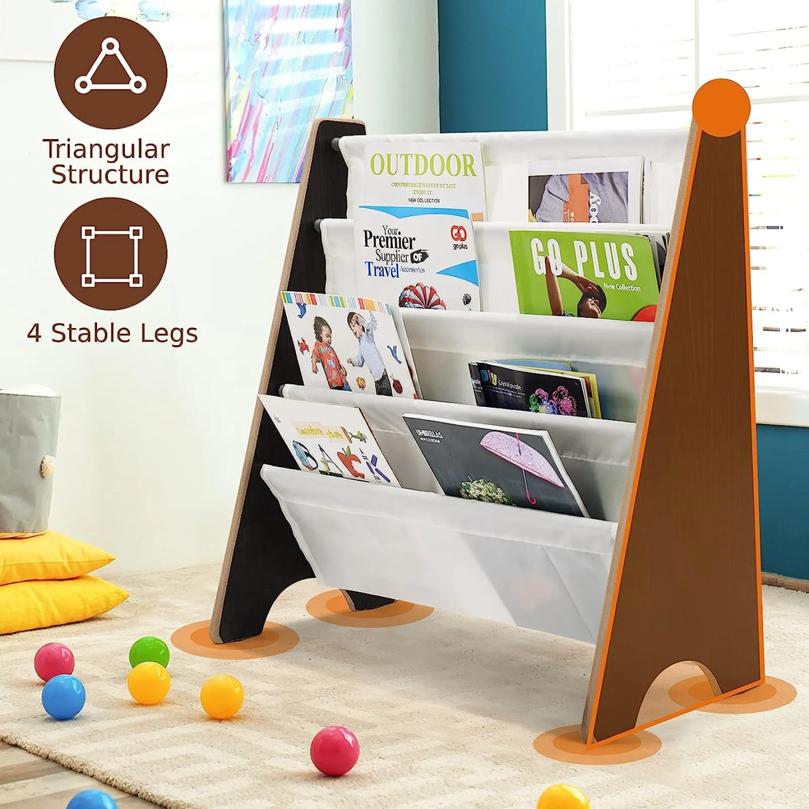 Little Helper Bookcases & Kids Bookshelves | Kids Bookcases & Kids Bookshelves | Montessori 4 Tier Sling BookCase | Childrens Bookcase | Kids Bookshelf | 2 Colours