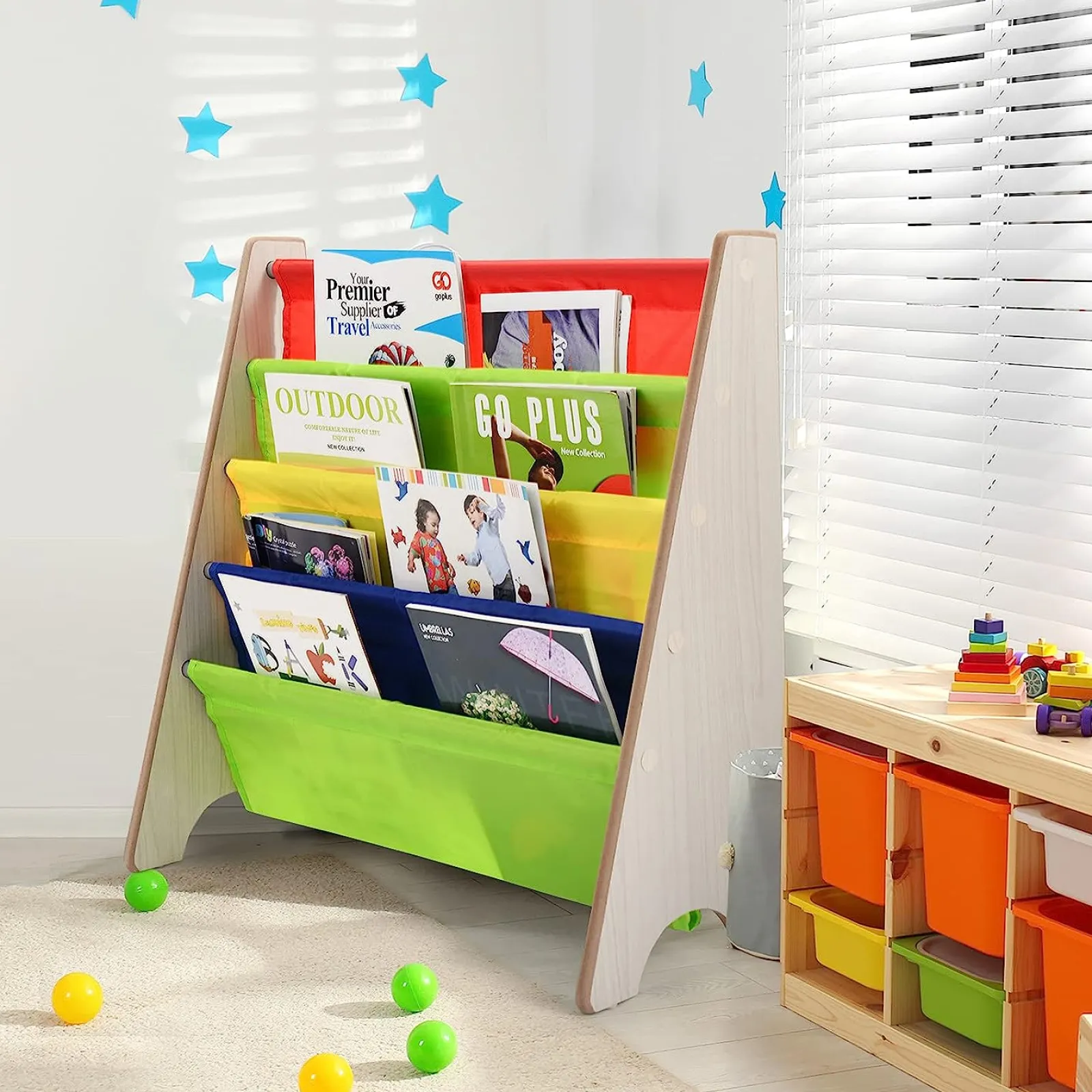 Little Helper Bookcases & Kids Bookshelves | Kids Bookcases & Kids Bookshelves | Montessori 4 Tier Sling BookCase | Childrens Bookcase | Kids Bookshelf | 2 Colours