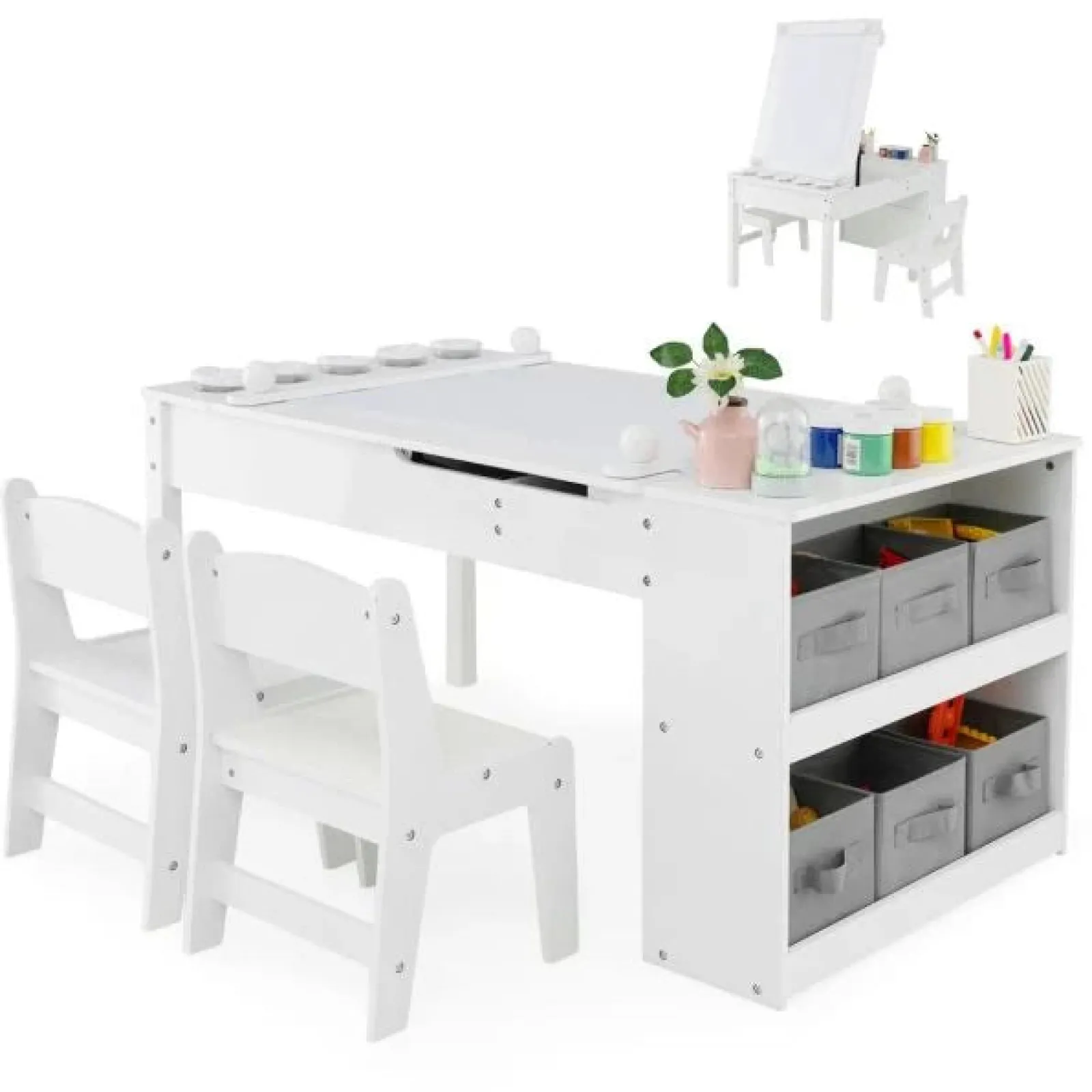 Little Helper Montessori Toys & Products | Easels & Accessories | Montessori Art Table & 2 Chairs Set | Easel | 6 Storage Boxes | Paper Roller | White