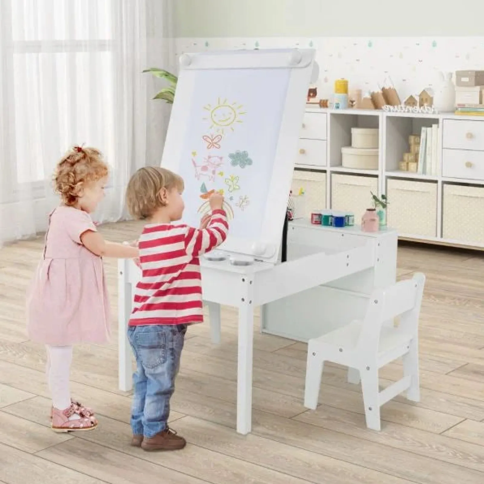 Little Helper Montessori Toys & Products | Easels & Accessories | Montessori Art Table & 2 Chairs Set | Easel | 6 Storage Boxes | Paper Roller | White
