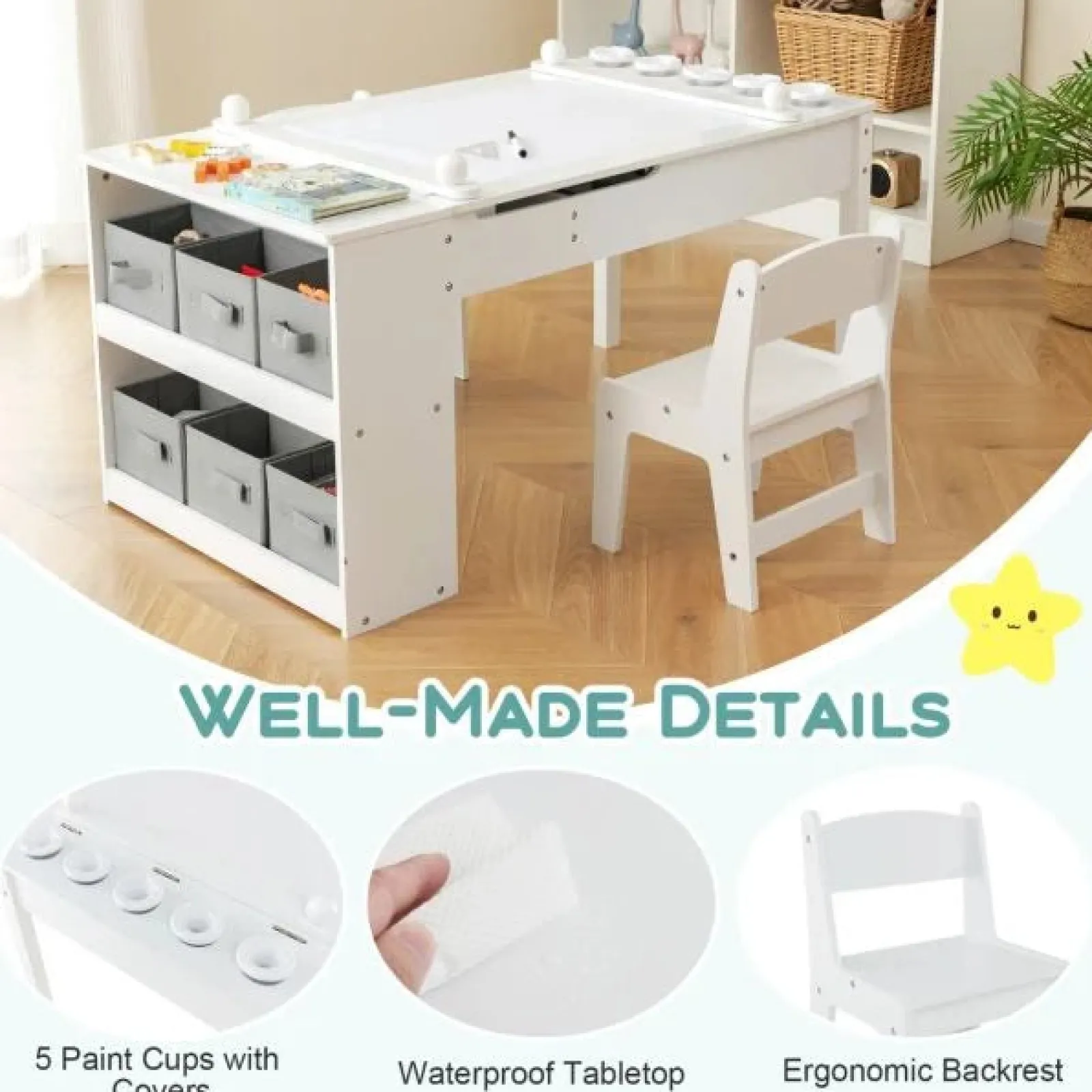 Little Helper Montessori Toys & Products | Easels & Accessories | Montessori Art Table & 2 Chairs Set | Easel | 6 Storage Boxes | Paper Roller | White