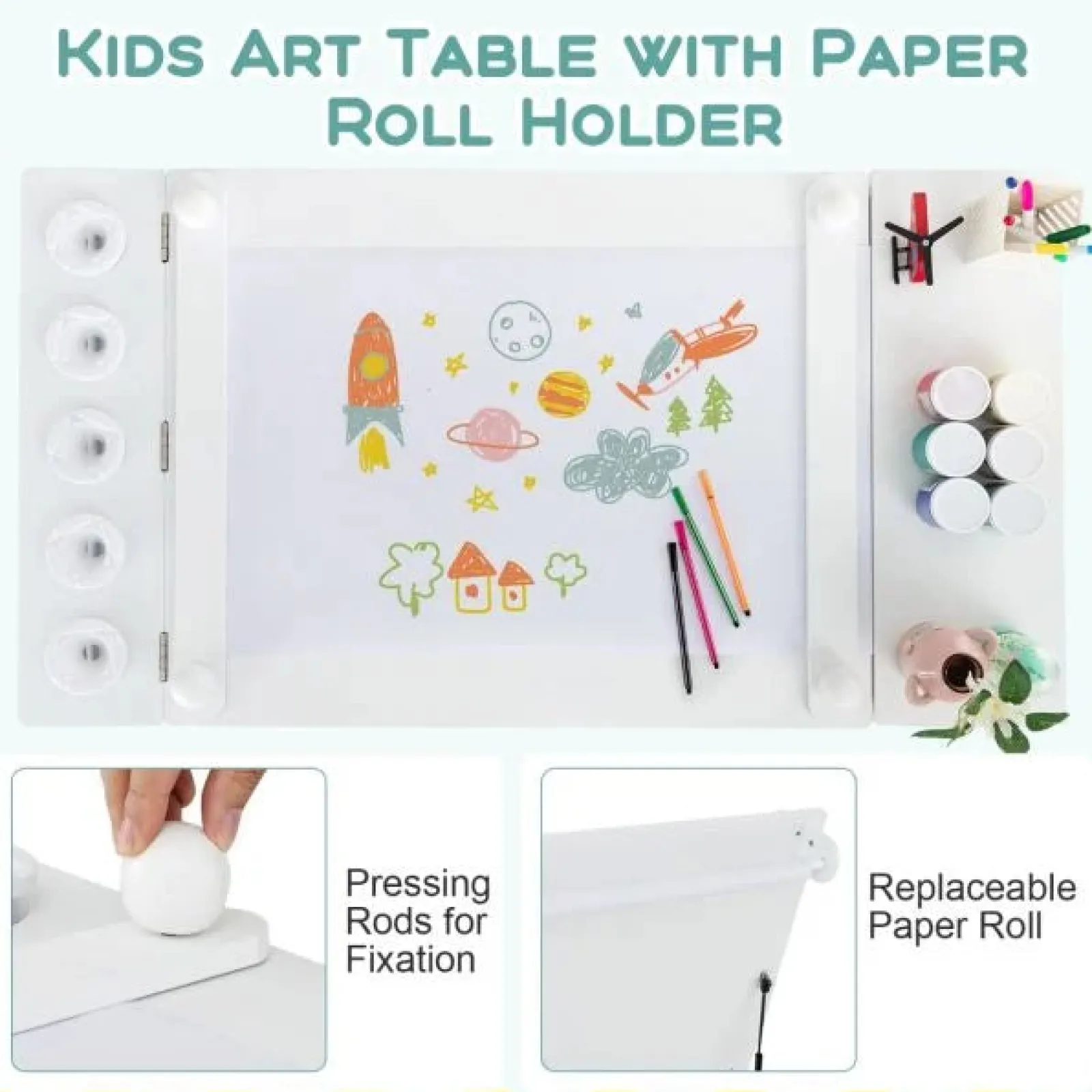 Little Helper Montessori Toys & Products | Easels & Accessories | Montessori Art Table & 2 Chairs Set | Easel | 6 Storage Boxes | Paper Roller | White
