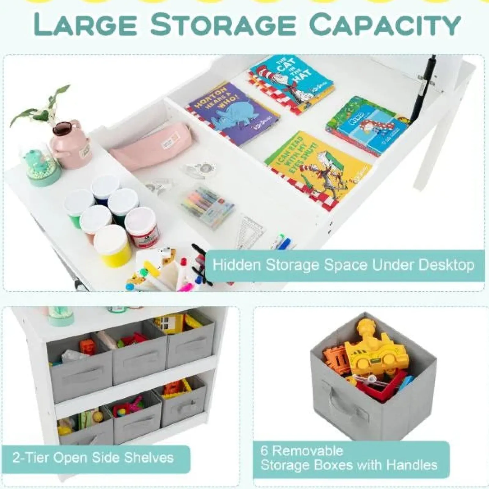 Little Helper Montessori Toys & Products | Easels & Accessories | Montessori Art Table & 2 Chairs Set | Easel | 6 Storage Boxes | Paper Roller | White