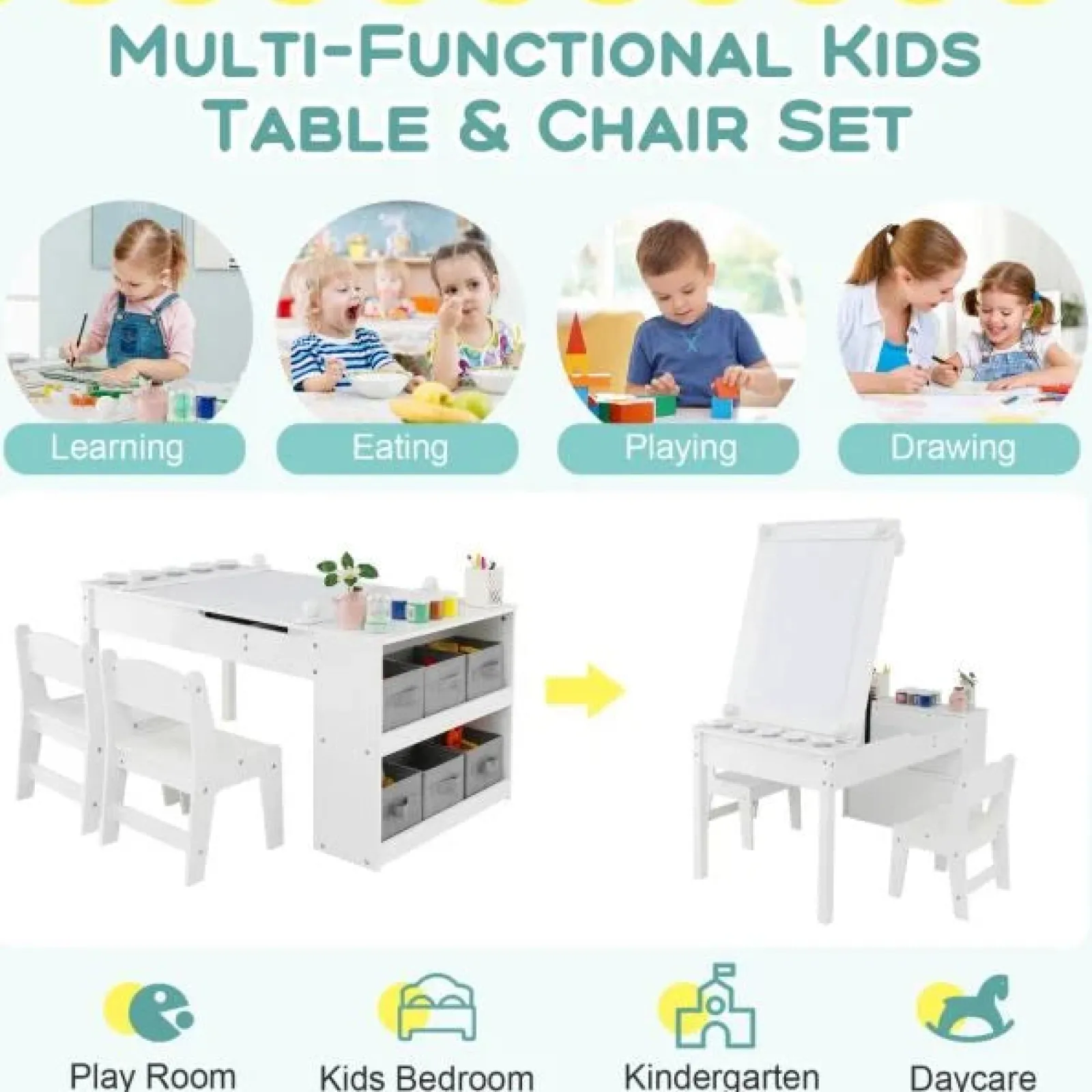 Little Helper Montessori Toys & Products | Easels & Accessories | Montessori Art Table & 2 Chairs Set | Easel | 6 Storage Boxes | Paper Roller | White