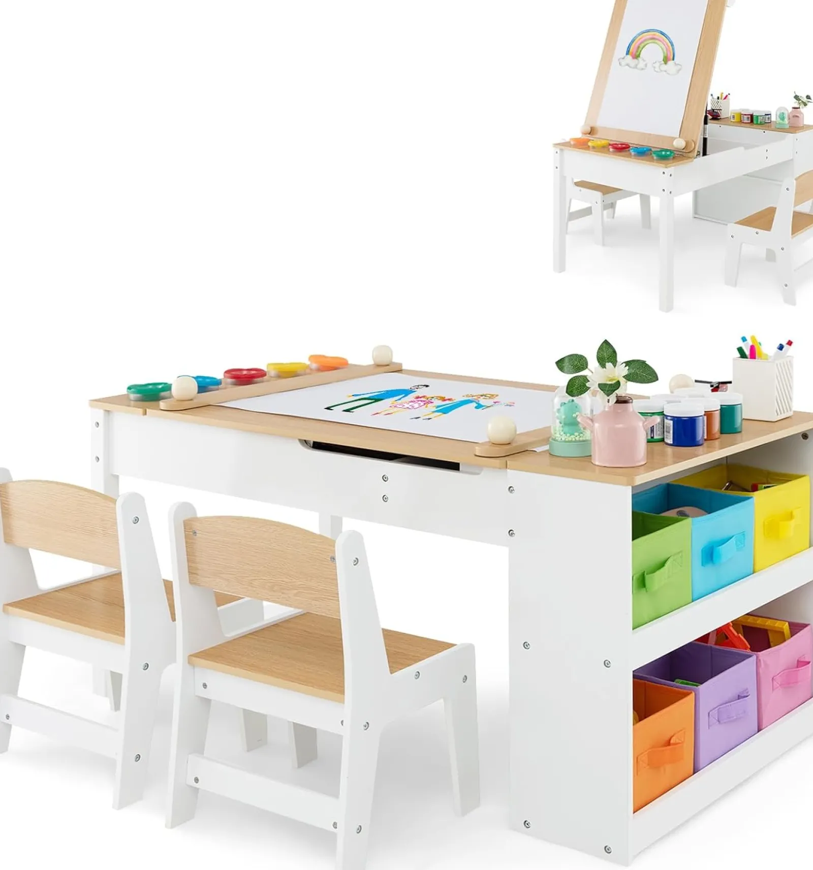 Little Helper Montessori Toys & Products | Easels & Accessories | Montessori Art Table & 2 Chairs Set | Easel | 6 Storage Boxes | Paper Roller | White | Multi Drawers