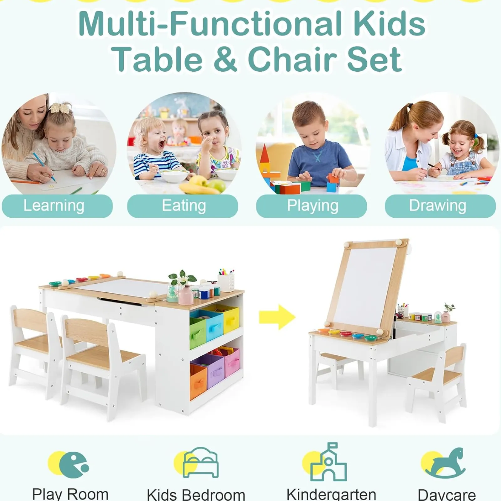 Little Helper Montessori Toys & Products | Easels & Accessories | Montessori Art Table & 2 Chairs Set | Easel | 6 Storage Boxes | Paper Roller | White | Multi Drawers
