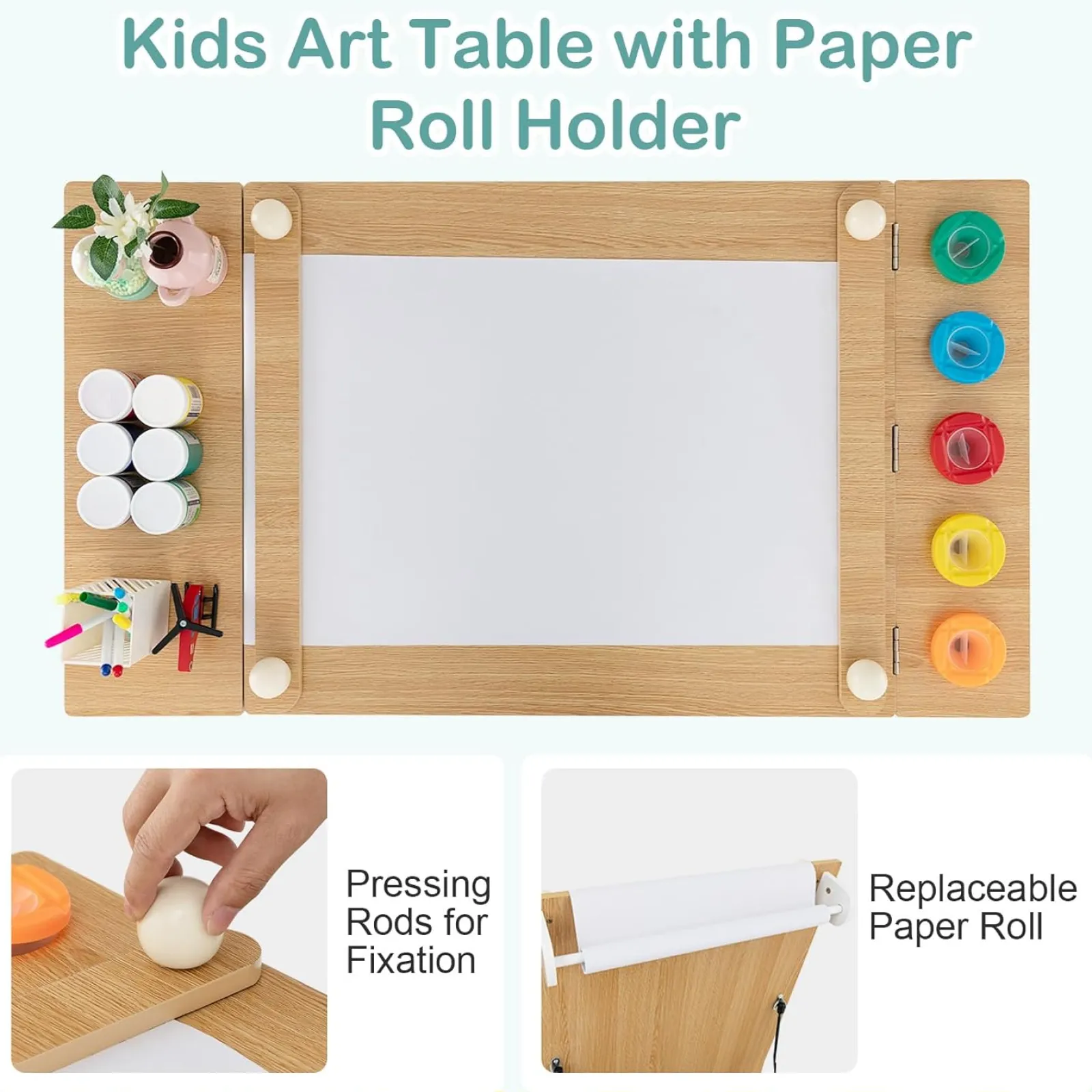 Little Helper Montessori Toys & Products | Easels & Accessories | Montessori Art Table & 2 Chairs Set | Easel | 6 Storage Boxes | Paper Roller | White | Multi Drawers