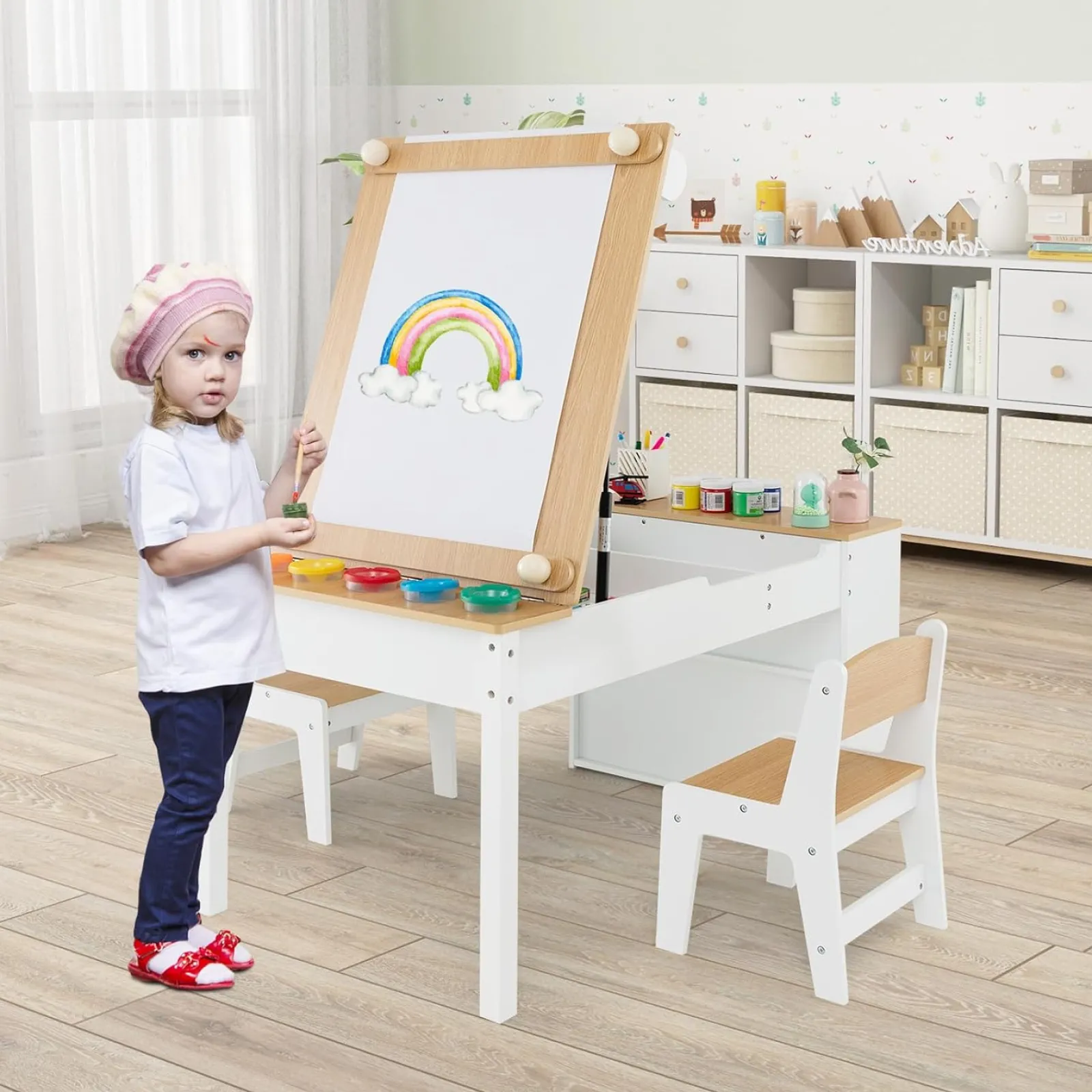 Little Helper Montessori Toys & Products | Easels & Accessories | Montessori Art Table & 2 Chairs Set | Easel | 6 Storage Boxes | Paper Roller | White | Multi Drawers