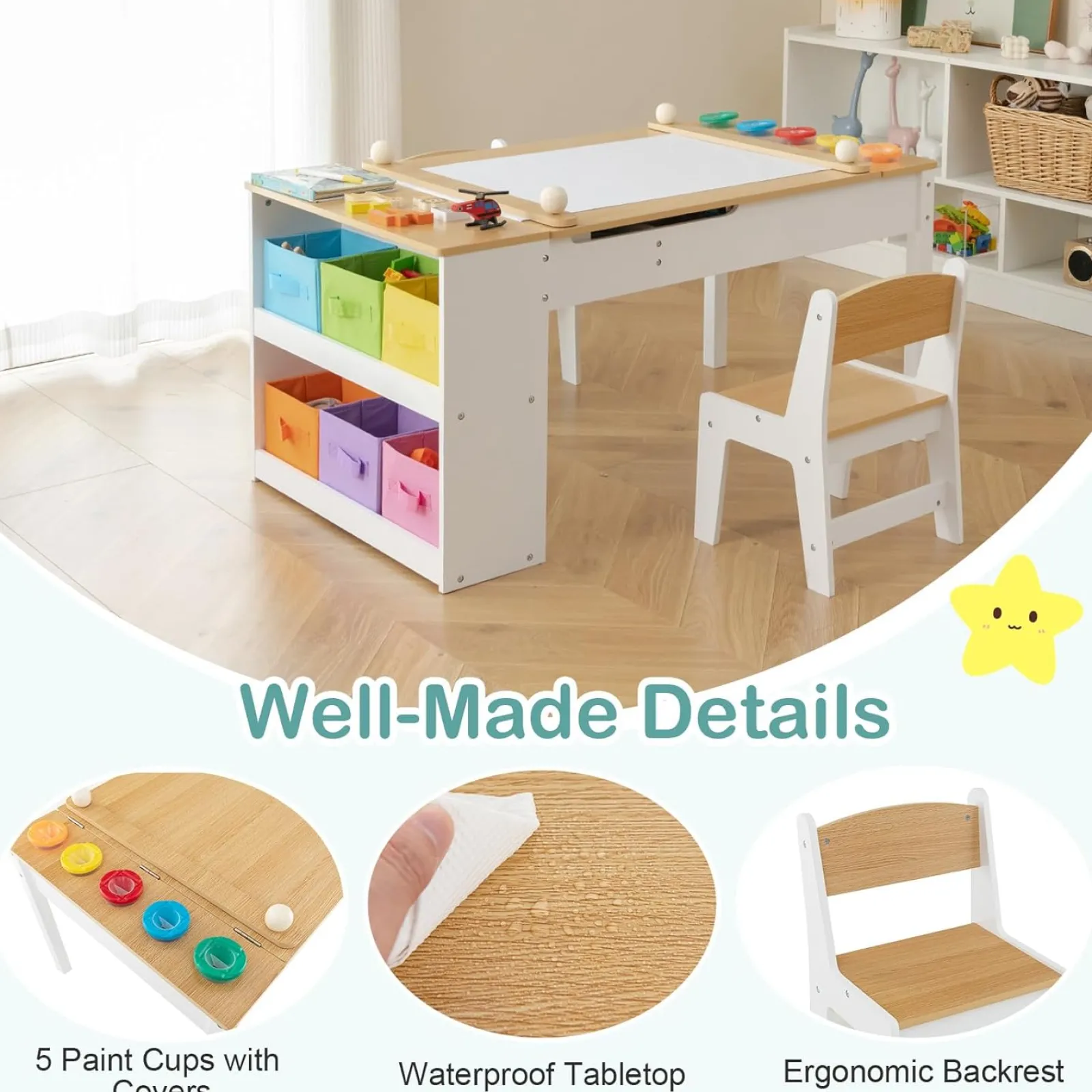 Little Helper Montessori Toys & Products | Easels & Accessories | Montessori Art Table & 2 Chairs Set | Easel | 6 Storage Boxes | Paper Roller | White | Multi Drawers