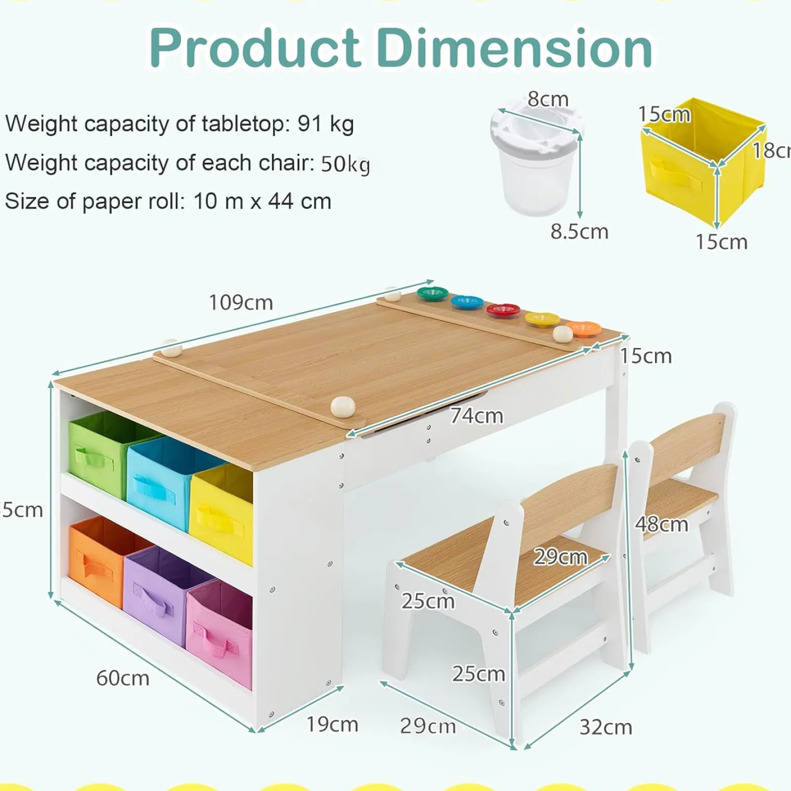 Little Helper Montessori Toys & Products | Easels & Accessories | Montessori Art Table & 2 Chairs Set | Easel | 6 Storage Boxes | Paper Roller | White | Multi Drawers