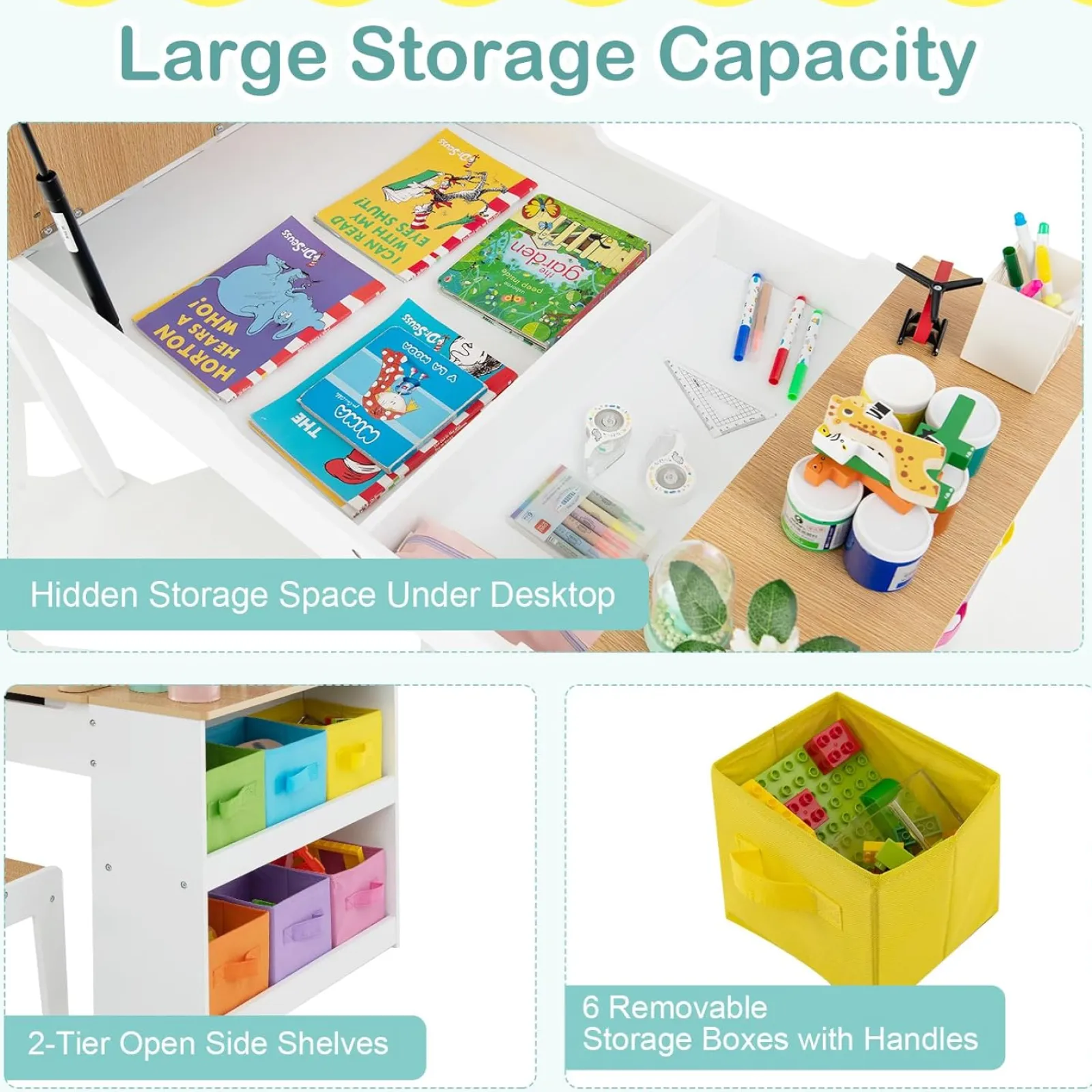 Little Helper Montessori Toys & Products | Easels & Accessories | Montessori Art Table & 2 Chairs Set | Easel | 6 Storage Boxes | Paper Roller | White | Multi Drawers