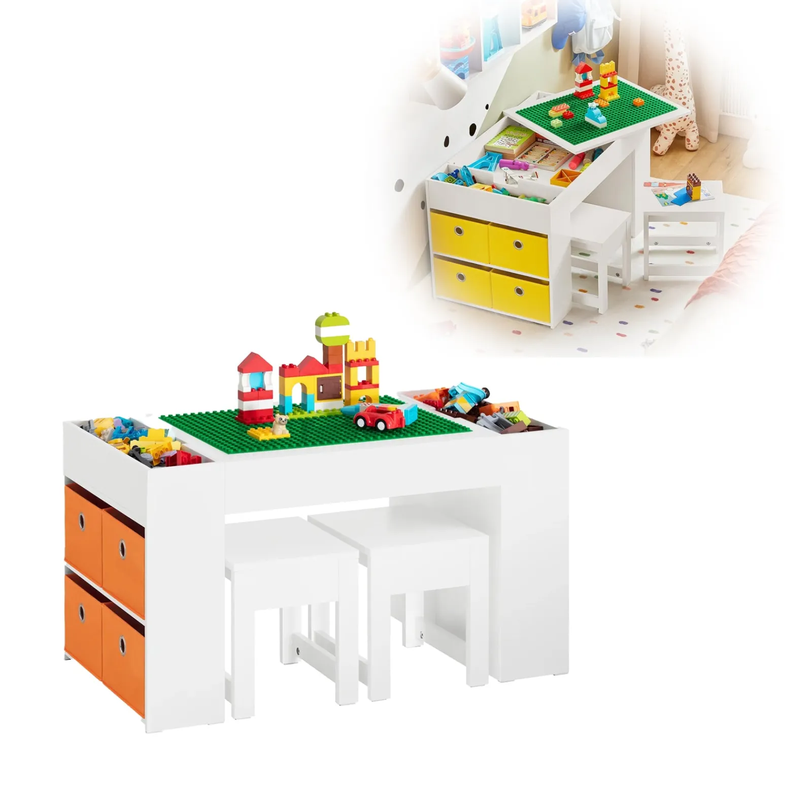 Little Helper Montessori Toys & Products | Easels & Accessories | Montessori Art Table & 2 Stools Set | 8 Storage Boxes | Reversible Lego Table for Desk | White | 3 Years+