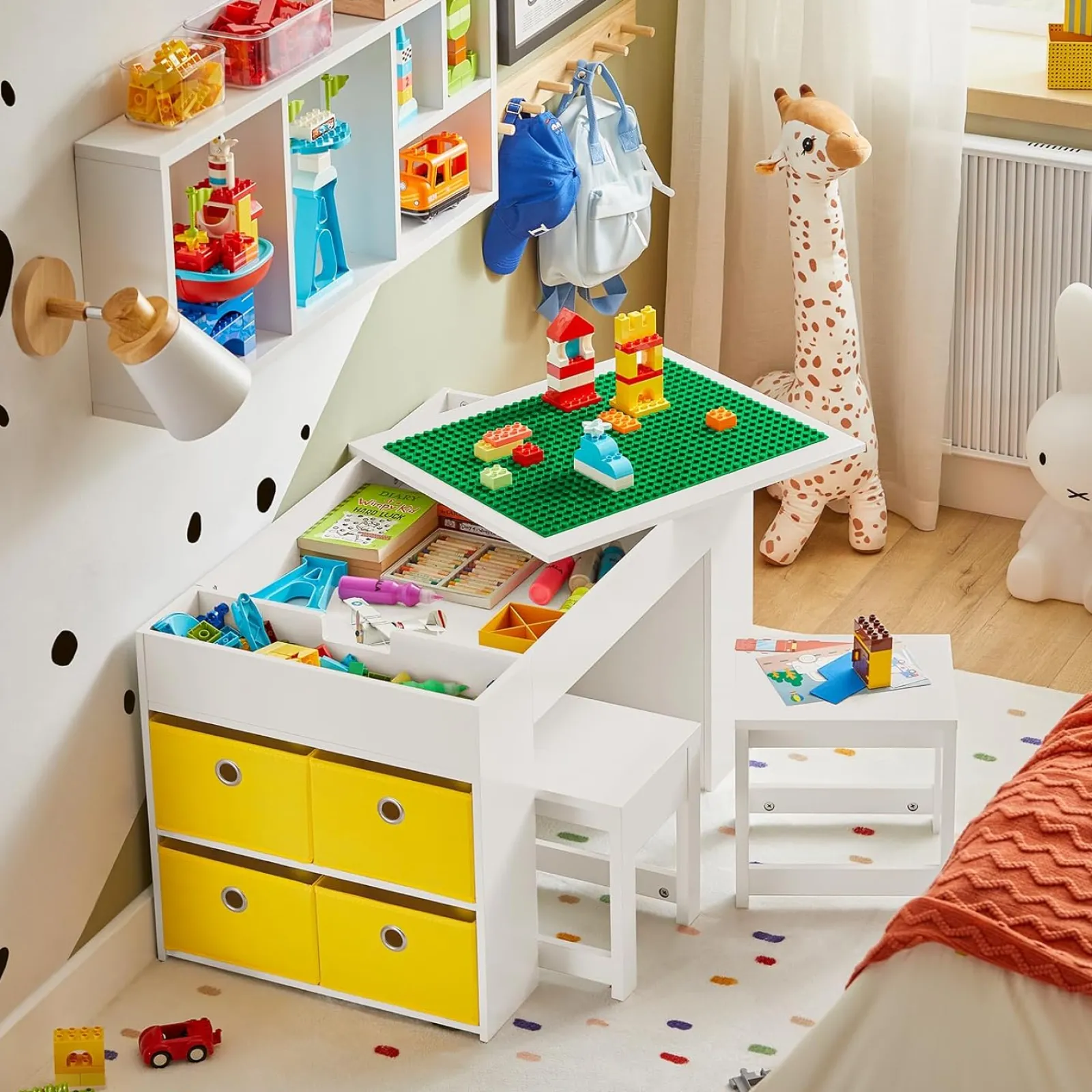 Little Helper Montessori Toys & Products | Easels & Accessories | Montessori Art Table & 2 Stools Set | 8 Storage Boxes | Reversible Lego Table for Desk | White | 3 Years+