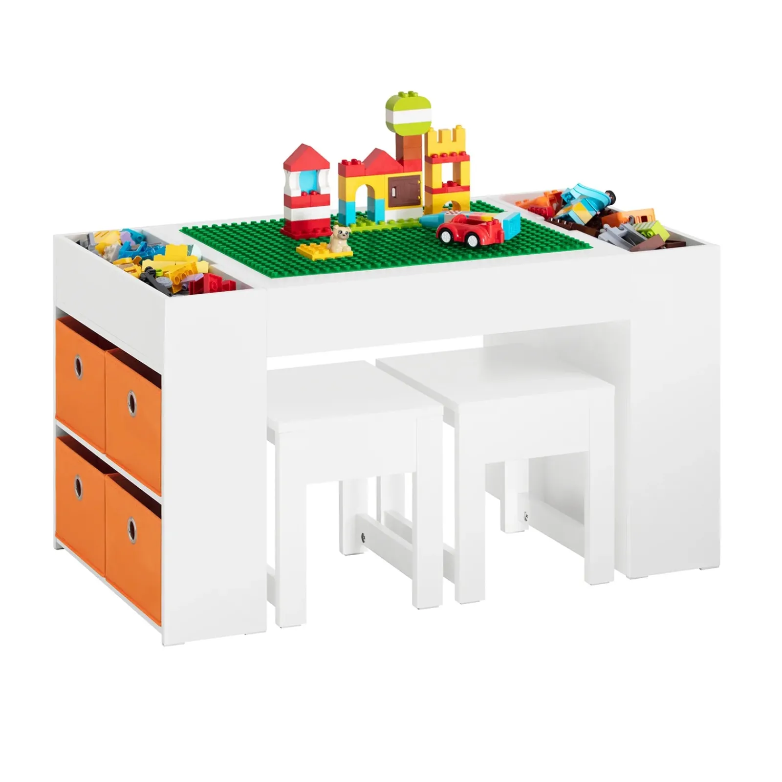 Little Helper Montessori Toys & Products | Easels & Accessories | Montessori Art Table & 2 Stools Set | 8 Storage Boxes | Reversible Lego Table for Desk | White | 3 Years+