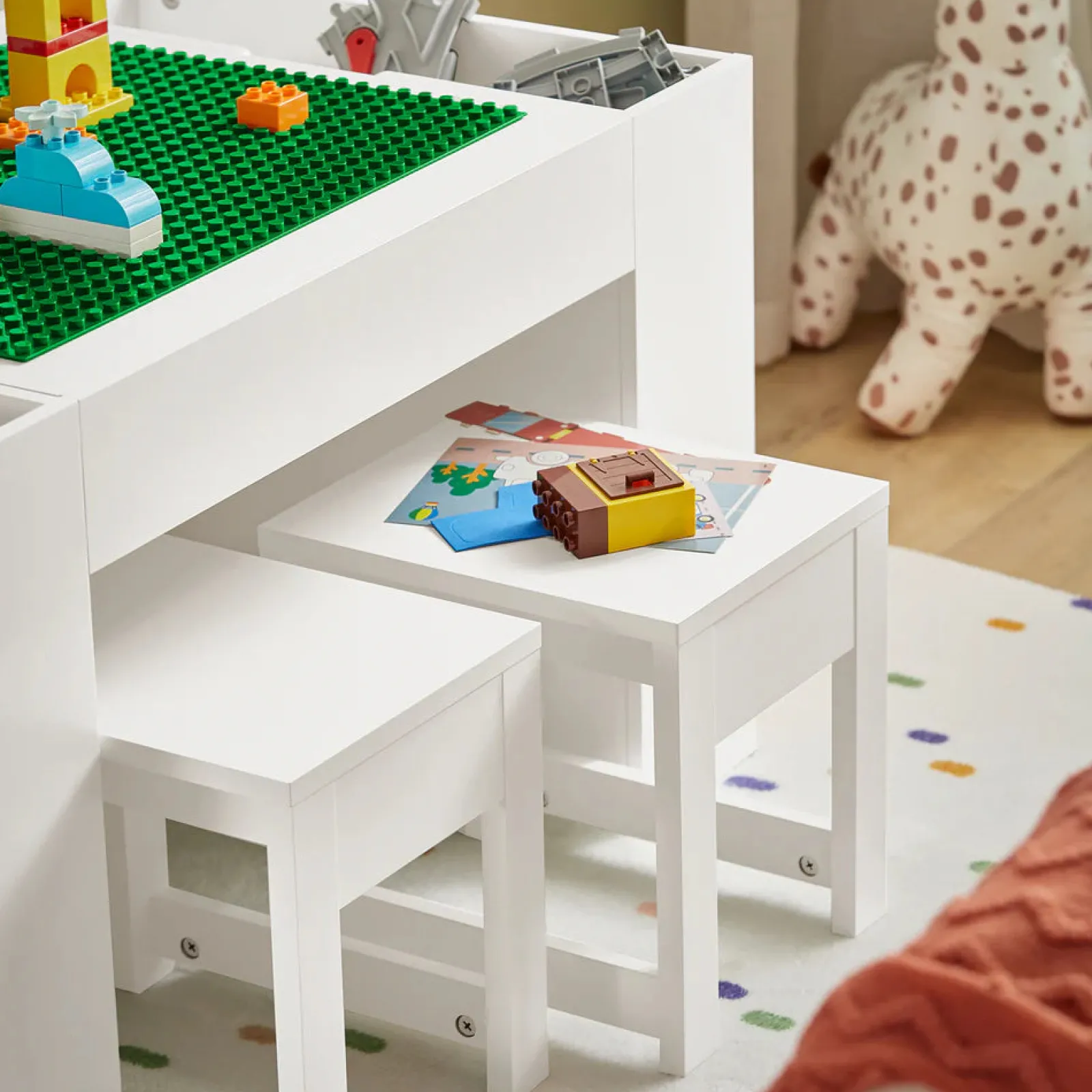 Little Helper Montessori Toys & Products | Easels & Accessories | Montessori Art Table & 2 Stools Set | 8 Storage Boxes | Reversible Lego Table for Desk | White | 3 Years+