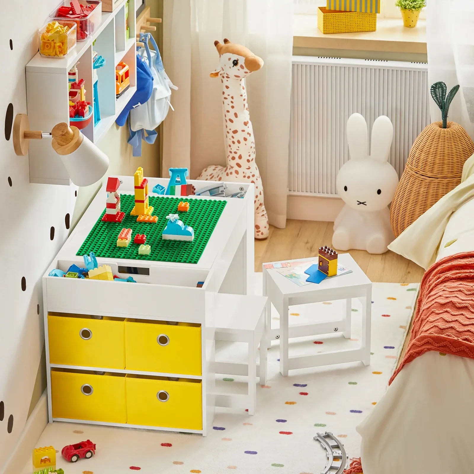 Little Helper Montessori Toys & Products | Easels & Accessories | Montessori Art Table & 2 Stools Set | 8 Storage Boxes | Reversible Lego Table for Desk | White | 3 Years+